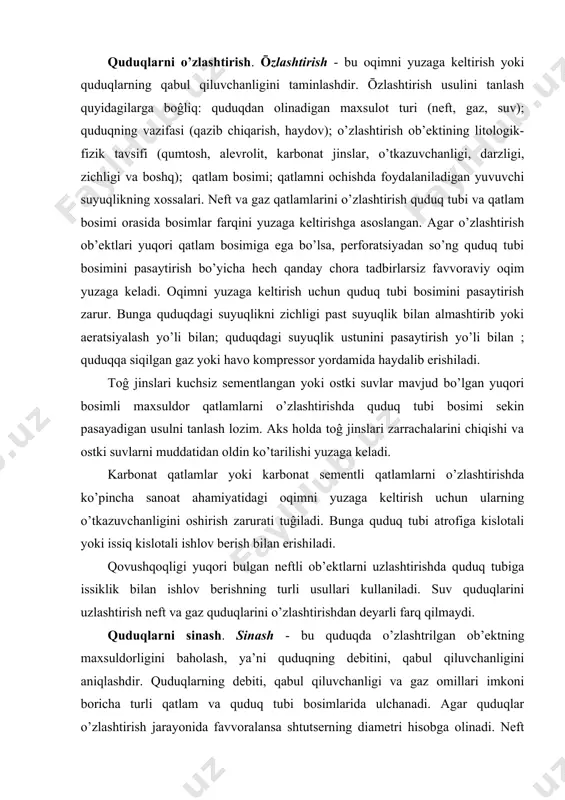 qlari uchun kondensat miqdorini aniqlash muhim ahamiyatga ega. sinash jarayonida neft, gaz, suvning qatlam namunalarini olish va qatlam flyuidlarining asosiy fizik-kimyoviy xossalarini (harorati, zichligi, qovushqoqligi, gaz miqdori, minerallashganligi, kimyoviy tarkibi, gaz bilan to’yinish bosimi, gazdagi kondensat va suvning miqdori va boshq.) aniqlanishi zarur. foydalanilgan adabiyotlar: 1. e.a. bakirov, v.i. yermolkin, v.i. larin i dr. geologiya nefti i gaza uch. pos. nedra 1989. 2. v.g. kanalin, m.g. ovanesov, v.p. shugrin. neftegazopromislovaya geologiya i gidrogeologiya moskva. nedra 1985. 3. i.x. abrikosov, s.n. gutman. obshaya, neftyanaya i neftepromislovaya geologiya. moskva. nedra 1982. 4. m.a. jdanov. neftegazopromislovaya geologiya i podschet zapasov nefti i gaza. moskva. nedra 1986. 5. n.g. sereda, v.m. muravyov. osnovi neftyanogo i gazovogo delo. moskva. nedra 1980. 6. n.g. bobritskiy, v.a. yufin osnovi neftyanoy i gazovoy promishlennosti. moskva. nedra 1988. 7. a.v. mavlonov. neft va gaz koni geologiyasi. toshkent 1992. 8. l.f. petryashin, l.g. lisyaniy. oxrana prirodi v neftyanoy i gazovoy …