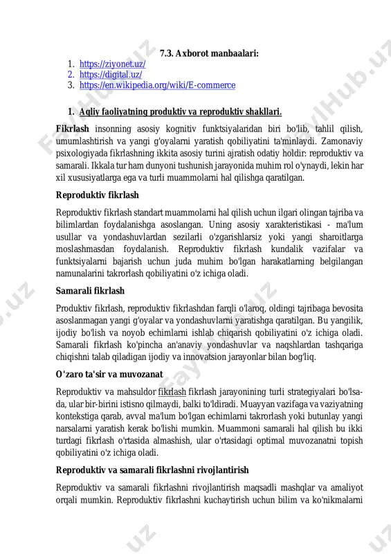 asosiy kognitiv funktsiyalaridan biri bo'lib, tahlil qilish, umumlashtirish va yangi g'oyalarni yaratish qobiliyatini ta'minlaydi. zamonaviy psixologiyada fikrlashning ikkita asosiy turini ajratish odatiy holdir: reproduktiv va samarali. ikkala tur ham dunyoni tushunish jarayonida muhim rol o'ynaydi, lekin har xil xususiyatlarga ega va turli muammolarni hal qilishga qaratilgan. reproduktiv fikrlash reproduktiv fikrlash standart muammolarni hal qilish uchun ilgari olingan tajriba va bilimlardan foydalanishga asoslangan. uning asosiy xarakteristikasi - ma'lum usullar va yondashuvlardan sezilarli o'zgarishlarsiz yoki yangi sharoitlarga moslashmasdan foydalanish. reproduktiv fikrlash kundalik vazifalar va funktsiyalarni bajarish uchun juda muhim bo'lgan harakatlarning belgilangan namunalarini takrorlash qobiliyatini o'z ichiga oladi. samarali fikrlash produktiv fikrlash, reproduktiv fikrlashdan farqli o'laroq, oldingi tajribaga bevosita asoslanmagan yangi g'oyalar va yondashuvlarni yaratishga qaratilgan. bu yangilik, ijodiy bo'lish va noyob echimlarni ishlab chiqarish qobiliyatini o'z ichiga oladi. samarali fikrlash ko'pincha an'anaviy yondashuvlar va naqshlardan tashqariga chiqishni talab qiladigan ijodiy va innovatsion jarayonlar bilan bog'liq. o'zaro ta'sir va muvozanat reproduktiv va …