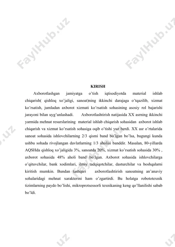 ro’y berayotgan texnologik jarayonlardan tezroq amalga osirilishini anglatadi. global iqtisodiyot axborot va kommunukatsion texnologiyalarga asosiga qurilgan bo’lib, boshqa sharoitda mavjud bo’la olmaydi. yangi texnologiyalar qisqa vaqt ichida kapitallarni dunyo bo’ylab, bitta milliy hudud iqtisodiyotidan ikkinchi milliy hudud iqtisodiyotiga o’tkazish imkoniyatiga ega bo’lib, milliy institutlarini bir tarmoqqa birlashtiradi. axborotlashgan jamiyat iqtisodiyoti ishlab chiqarishni tashkil etishning yangi formalariga ega bo’ladi. i.bob. jamiyatni axborotlashtirish qonuniyatlari 1.1.axborotlashgan jamiyatda iqtisodiyot va mehnat axbarot texnologiyalari moslashuvchan ishlab chiqarishlar deb ataluvchi qisqa muddatlarda yangi mahsulot ishlab chiqarishga moslasha oladigan ishlab chiqarish turiga asos soldi.bunday tizimlar bozor talabiga tezroq moslasha olgani uchun, an’anaviylariga nisbatan effektivroq bo’lib hisoblanadi.axborotlashtirishning yana bir oqibati – o’rta va kichik firmalar soni, raqobqtbardoshliligining oshib borishidir. axborotlashtirish jarayonida “tarmoq tashkiloti” deb ataluvchi tashkilotlar shakli vujudga kelib, bunday umumlashmalarning alohida elementlari ham mustaqil, ham birgalikda faoliyat ko’rsata oladi. axborotlashgan jamiyat iqtisodiyotining yana bir xarakteristikasi – rivojlangan axborot mahsulotlari va xizmatlari bozorining mavjudligidir. ushbu bozor quyidagi sektorlarga …