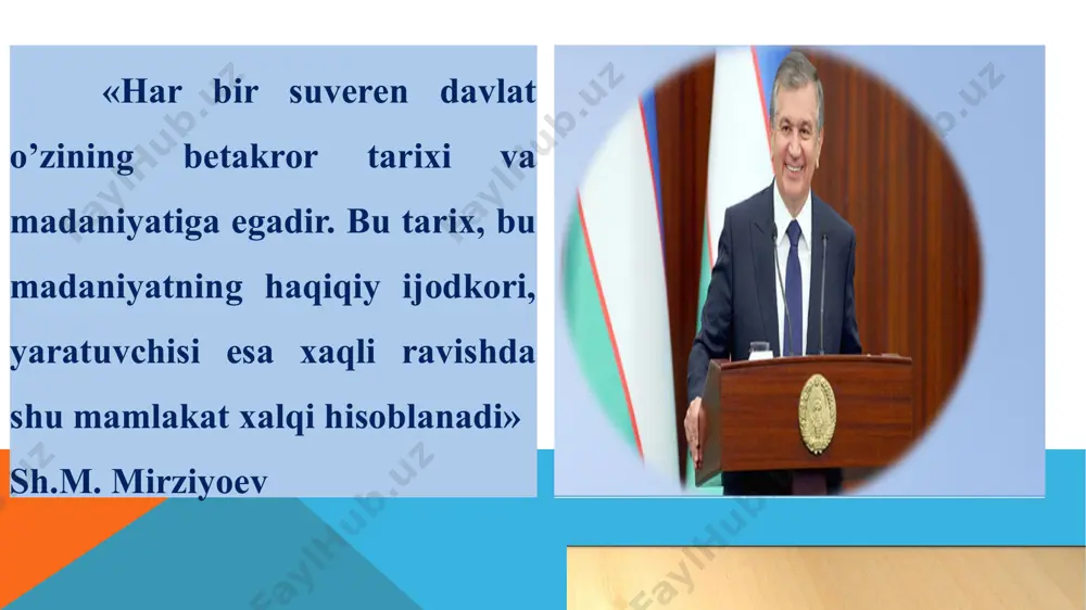 islom instituti, 16 ta diniy konfessiyalarfaoliyatyuritibkeldi. o‘zbekiston aholisining 88 foizi islom diniga, 10 foizidan ziyodi boshqa dinlarga e'tiqod qiladi, 2% foizdan ortig’i hech qaysi dinga e'tiqod qilmaydi. foydanilgan adabiyotlar: 1.murtazayeva r.х. vа boshqalar. o'zbekiston tarixi. o'quv qo'llanma. . -t.:akademiya 2010. 2.oblomurodov n., va boshqalar. o'zbekiston tarixi. o'quv qo'llanma. -i: yangi asr avlodi, 2011. 3.o'zbekiston respublikasi prezidenti sh. mirziyoevning 2018 yil 5 iyundagi "oliy ta'lim muassasalarida ta'lim sifatini oshirish va ularning mamlakatda amalga oshirilayotgan keng qamrovli islohotlarda faol ishtirokini ta'minlash bo'yicha qo'shimcha chora-tadbirlari to'g'risida" pq-3775-sonli qarori. 4.mirziyoev sh.m. qonun ustuvorligi va inson manfaatlarini ta'minlash yurt taraqqiyoti va xalq farovonligining garovi. - toshkent: o'zbekiston, 2017. 5.mirziyoev sh.m. milliy taraqqiyot yo'limizni qat'iyat bilan davom ettirib, yangi bosqichga ko'taramiz. t. 1. -toshkent: o'zbekiston.. 2017. 6. mirziyoev sh.m. buyuk kelajagimizni mard va oliyjanob xalqimiz bilan birga quramiz. - toshkent: o'zbekiston. 2017. 7.o‘zbekiston respublikasi prezidenti shavkat mirziyoyevning oliy majlisga murojaatnomasi. 2020 yil. 26 yanvar e'tiboringiz uchun …