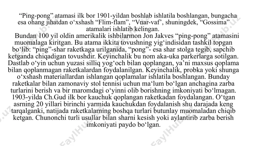 atlarda tez tempda o‘ynaydiganlarni tayyorlash samarali ravishda yo‘lga qo‘yilgan. stol tennis - xalqaro federatsiyasi (ittf, 1926-y. tashkil etilgan) 130 dan ortiq milliy federatsiyani birlashtiradi. 1926-yildan boshlab har 2 yilda jahon birinchiligi oʻtkaziladi, 1988-yildan olimpiada oʻyinlari dasturiga kiritilgan. oʻzbekistonda stol tennisi keng ommalashgan. oʻzbekiston chempionati va kubogi musobaqalari muntazam oʻtkazib turiladi. oʻzbekiston stol tennisi federatsiyasi 1993-yil ittfga aʼzo boʻlib kirgan. stol tennis raketkasi 12 olimpiada shioriga “birgalikda” so‘zi qo‘shildi. endilikda u “citius, altius, forties communis!”, ya'ni “tezroq, balandroq, kuchliroq – birgalikda!” kabi yangraydi. musobaqalardan lavhalar stol tennis bo‘yicha o‘zbekiston chempionati yakunlandi. jizzaxda stol tennis bo‘yicha kattalar o’rtasidagi mamlakat birinchiligi yakuniga yetdi. joriy chempionat mas’uliyatli musobaqalar kutib turgan 2023 yil oldidan terma jamoa tarkibini shakllantirib olishda muhim bosqich vazifasini o‘tab berdi. определились чемпионы и призёры чемпионата узбекистана по настольному теннису в парных и смешанных разрядах. результаты: ------------ стол тенниси бўйича ўзбекистон чемпионатининг жуфтлик ва микст баҳсларининг ғолиб ва совриндорлари аниқланди. натижалар: эркаклар …