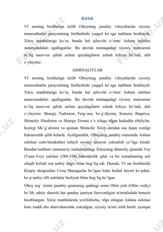 iri ortib borib, ayniqsa bo`min (tumin) sardorligi vaqtida bu jarayon yanada faol tus olgan. uddaburon siyosatchi sifatida u ham siyosat, ham zo`ravonlik yo`lini tutadi. masalan, bo`min jujan xon-ligi bilan ochiqdan-ochiq aloqani uzib, 551 yili vey xonadoni bilan quda-andalik aloqasiga kiradi. 552 yili esa jujan xonligiga qarshi qurolli kurashga otlanib, ularni tor-mor qiladi. ammo bo`min 553 yili vafot etadi va uning o`rniga taxtga o`g`li qora issiq (isigi) o`tiradi. qora issiqxon ko`p hukmdorlik qilmay, shu yiliyoq qazo qiladi. lekin u ham o`z hukmronligi davomida jujanlarga yana bir bor qattiq zarba berishga ulgurgandi. demak, shu yilning o`zida ashina sulolasining sardori ikki marta o`zgargan. endigi gal taxtga bo`minning kichik o`g`li mug`anxon (553-572) chiqadi. mug`anxon davrida ashinaliylar "koreya qo`ltig`idan harbiy dengizgacha, (xitoy devoridan) shimoliy dengizgacha" bo`lgan yerlarni o`z siyosiy hukmlari ostiga olishga muvaffaq bo`lganlar. mug`anxon xuddi otasi bo`min kabi ham siyosat, ham zo`ravonlik yo`llaridan ustalik bilan foydalana bilgan hukmdor edi. chunonchi, eftaliylar sulolasiga qarshi kurashda …