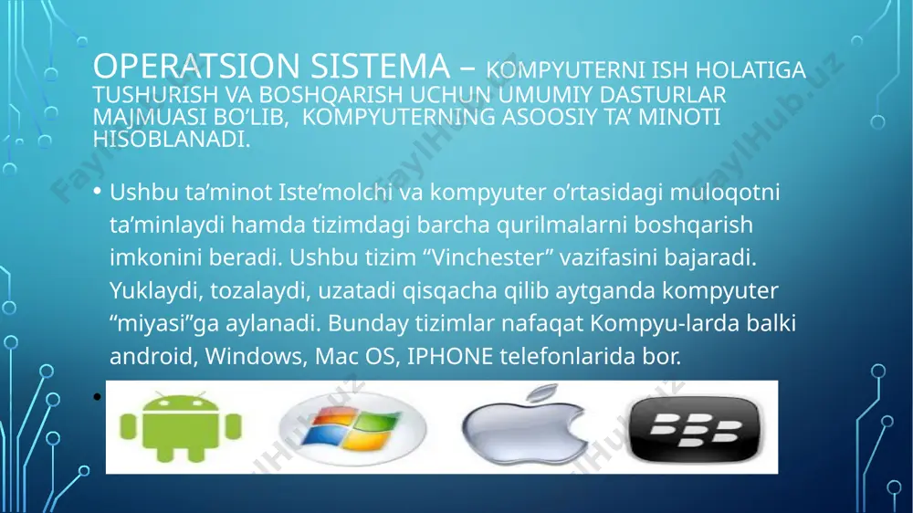asturi, 1995 yilda yaratilgan - windows 95 dasturi, 1998 yilda yaratilgan – windows 98 dasturi, 2000 yilda yaratilgan - windows 2000 dasturi, 2001 yilda yaratilgan - windows millennium edition va windows xp dasturlari. windows 98 windows 2000 windows xp yetuk windowslarning vujudga kelishi “windows vista”ning vujudga kelishi zamonaviy kompyuter dasturlarini yaratilishiga asos bo’la oldi. aynan shu dastur uchun maxsus ilovalar yaratildi. bu dastur 2006-yil vujudga kelishi bilan hamda “windows server” bilan yaratilishi ancha katta imkoniyatlar yarataib berdi. aynan shu davrda x64bit hamda x32bit lik razryadning vujudga kelishi bilan farqlanadi “windows vista” ish stoli “windows 7” 2009 yil ommaga taqdim etildi. aynan shu windows versiyasida “yangilanish” bo’limi bor edi. internet orqali bir martalik yangilanishni amalga oshirsa bo’lardi. “windows 8” 2012 yil e’lon qilindi. “windows 8.1” versiyasi esa 2013 yilda taqdim etilgandi. “windows 10” norasmiy tarzda 2014 yilda, faol versiyasi esa 2015 yilda ishlab chiqarila boshlandi. uning yangilangan versiyalari deyarli har yili …