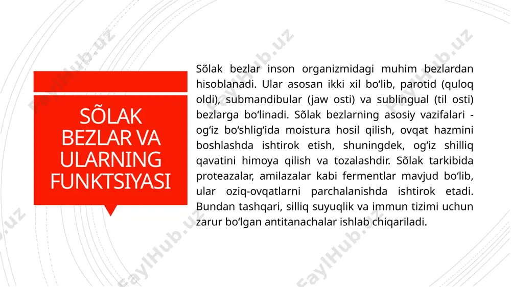 i, konsistensiyasi, chegaralari, teri bilan munosabati, og‘riqli yoki og‘riqsizligi baholanadi. bemorda shish parotid yoki submandibular sohada aniqlanadi. agar maligizatsiya boʻlsa, shish koʻpincha teri bilan birlashtirilib, mustahkam cho‘qindi hosil qilishi mumkin, ya'ni teri ustida oʻzgarishlar yoki infiltratsiya aniqlanishi ehtimoli yuqori. laborator va instrumental diagnostika laborator tadqiqotlar qon umumiy va biokimyoviy tahlillari, shuningdek, virusli infeksiyalarni aniqlash uchun serologik testlarni o‘z ichiga oladi. instrumental diagnostikada esa ultratovush tekshiruvlari, kompyuter tomografiyasi (kt), magnit-rezonans tomografiya (mrt), va positron emissiya tomografiya (pet) qo‘llaniladi. biopsiya yoki punktat olish optik mikroskopiyada ta’sirlangan to‘qimaning gistologik tekshiruvini o‘tkazish imkonini beradi. biopsiya va gistologik tekshiruv biopsiya – sõlak bez õsmalarini aniq tashxislashda eng muhim bosqichlardan biridir. punktsion, ingichka ignali yoki ochiq biopsiya usullari yordamida õsmaning to‘qima namunasi olinib, gistologik tashxis qo‘yiladi. bu usul õsmaning benign yoki malignligini, uning morfologik tipini va differentsiatsiya darajasini belgilashda hal qiluvchi ahamiyat kasb etadi. sõlak bezlar õsmalarining differensial diagnostikasi sõlak bezlar õsmalarini boshqa shishlar, xususan, limfadenitlar, …