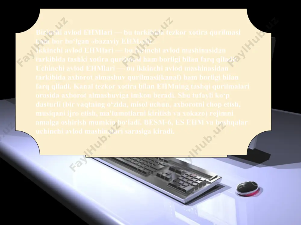 mikroprotsеssor kashf etilgandan boshlangan dеsa bo‘ladi. kompyutеrlarni ishlab chiqarish avvaliga asosan apple firmasi, kеyinchalik (1984y.) esa, ibm firmasi maxsulotlari hisobiga kеngayib bordi. agar kompyuterlashtirish texnik muammolarni o'z ichiga olsa, axborotlashtirish kompleks jarayon bo'lib, u jamiyat hayotining barcha jabhalarini qamrab oladi va kompyuterlar uning texnik asosinigina tashkil etadi, xolos. . respublikamizda axborotlashtirish keng yo'lga qo'yilishi bilan, undagi har bir fuqaroga kerakli axborotni kerakli paytda, kerakli miqdorda, kerakli sifatda olish imkoniyatlari ochilmoqda. respublikamizdagi viloyatlar, shaharlar, tumanlarga qarashli korxonalar, tashkilotlar va muassasalar zamonaviy kompyuter texnikalari bilan jihozlanib, ular maxsus qurilmalar (telefon tarmog'i, modem va boshqalar) yordamida axborotlarni uzatish va qabul qilish imkoniyatiga ega bo'lmoqdalar. insonning iqtisodiy, ekologik, siyosiy va boshqa sohalarda fikrlash doirasi­ning kengayishi axborotli muhitning sifat va miqdor jihatdan o'zgarib, yangi xususiyatga ega bo'lgan axborotli muhitning kelib chiqishiga sabab bo'lmoqda. demak, axborotlashtirish vaqtinchalik tadbir emas, u rivojlanishning zarur vositasidir va axborotli muhitning hozirgi rivojlanish darajasi­dagi holatini informatikasiz qo'llab bo'lmaydi. axborotlarni tez, sifatli …