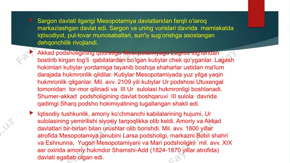 r bobildan haydab yuboriladi. bobilning keyingi tarixida dajla, frot daryolari, fors qo‘ltig‘i qirg‘og‘i va janubiy mesopotamiyaning shaharlari oralig‘ida joylashgan haldey qabilalari muhim o‘rinni egalladilar. ular yarim ko‘chmanchi chorvador va dehqonlar edilar. haldeylar mil. avv. ix asrda bobilning janubiy qismini bosib olib va bobil madaniyatini qabul qiladilar. mil. avv. 729 yilda bobilni osuriyaliklar bosib oladi. osuriyaliklar bobilda mil. avv. vii asrgacha hukmronlik qiladilar. yangi bobil podsholigi paydo bo‘lishi eramizdan avvalgi 629 yilga to‘g‘ri keladi. lashkarboshi nabopalasar bobilda yangi haldey sulolasiga asos soladi. navuxudonosor ii ning hukmronlik yillari bobilning gullab-yashnagan davri bo‘ldi. navuxodonosor ii vafotidan so‘ng bobil zaiflashadi. mil. avv. 539 yilda bobilni eron podshosi kayxusrav ii bosib oldi. bobil mil. avv. 331yilgacha ahamoniylar davlati tarkibiga kiradi, keyin esa makedoniyalik iskandar davlatiga, uning yemirilishidan so‘ng salavkiylar davlati tarkibiga kiradi. bobilning gullab-yashnashi 1-bobil sulolasining oltinchi podshosi hammurapi (mil. avv. 1792-1750 yillar) davriga to‘g‘ri keladi. hammurapining hukmronligi davomida bobil kichik shahardan butun mesopotamiyani birlashtirgan …