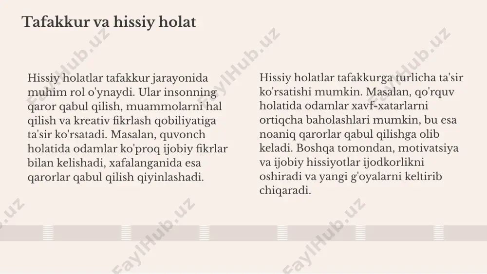 'iy intellekt va mashina o'rganish psixologik tadqiqotlarda qo'llanilishi kutilmoqda. yaqin kelajakda psixologiya sohasida yangi tadqiqotlar va usullar paydo bo'ladi. bu tadqiqotlar inson xulq-atvorini va fikrlash jarayonlarini yanada chuqurroq tushunishga yordam beradi. shuningdek, psixologik nazariyalar va amaliyotlar o'rtasidagi bog'lanish kuchayadi. insonlar o'zlarining hissiy va ruhiy holatlarini yaxshilash uchun yangi strategiyalarni o'rganishlari kerak. photo by georgi kalaydzhiev on unsplash 1 2 3 tafakkurning rivojlanishida muhim omillar tafakkurning rivojlanishida bir nechta muhim omillar mavjud. bular orasida ta'lim, tajriba va ilmiy tadqiqotlar alohida ahamiyatga ega. ta'lim, insonning fikrlash qobiliyatini shakllantiradi va yangi bilimlarni olish imkonini beradi. tajriba esa, hayotiy vaziyatlarda insonni qanday fikrlashini belgilaydi, bu orqali o'z fikrlarini shakllantirishda yordam beradi. shuningdek, ilmiy tadqiqotlar orqali yangi g'oyalar va nazariyalar paydo bo'ladi, bu esa tafakkurni yanada rivojlantiradi. ushbu omillar birgalikda insonning fikrlash jarayonini yanada boyitishga yordam beradi va ularni yanada samarali qilishni ta'minlaydi. muammolarni hal qilishda tafakkur muammolarni hal qilish tafakkur jarayonida muhim rol o'ynaydi. …