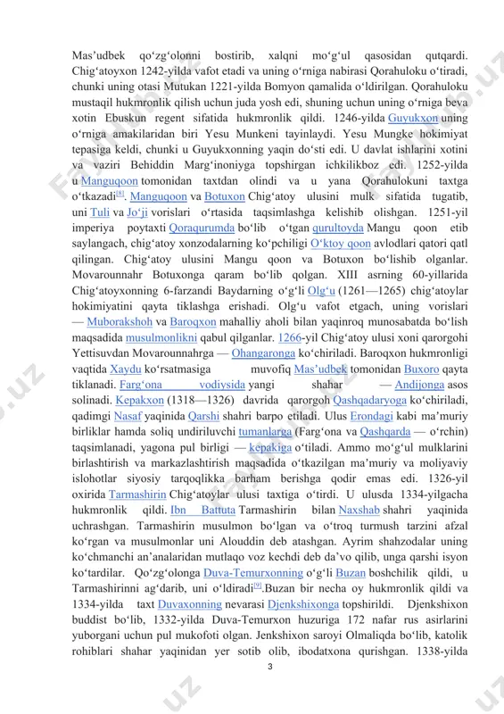 boʻlib oʻtgan qurultoyda mangu qoon etib saylangach, chigʻatoy xonzodalarning koʻpchiligi oʻktoy qoon avlodlari qatori qatl qilingan. chigʻatoy ulusini mangu qoon va botuxon boʻlishib olganlar. movarounnahr botuxonga qaram boʻlib qolgan. xiii asrning 60-yillarida chigʻatoyxonning 6-farzandi baydarning oʻgʻli olgʻu (1261—1265) chigʻatoylar hokimiyatini qayta tiklashga erishadi. olgʻu vafot etgach, uning vorislari — muborakshoh va baroqxon mahalliy aholi bilan yaqinroq munosabatda boʻlish maqsadida musulmonlikni qabul qilganlar. 1266-yil chigʻatoy ulusi xoni qarorgohi yettisuvdan movarounnahrga — ohangaronga koʻchiriladi. baroqxon hukmronligi vaqtida xaydu koʻrsatmasiga muvofiq masʼudbek tomonidan buxoro qayta tiklanadi. fargʻona vodiysida yangi shahar — andijonga asos solinadi. kepakxon (1318—1326) davrida qarorgoh qashqadaryoga koʻchiriladi, qadimgi nasaf yaqinida qarshi shahri barpo etiladi. ulus erondagi kabi maʼmuriy birliklar hamda soliq undiriluvchi tumanlarga (fargʻona va qashqarda — oʻrchin) taqsimlanadi, yagona pul birligi — kepakiga oʻtiladi. ammo moʻgʻul mulklarini birlashtirish va markazlashtirish maqsadida oʻtkazilgan maʼmuriy va moliyaviy islohotlar siyosiy tarqoqlikka barham berishga qodir emas edi. 1326-yil oxirida tarmashirin chigʻatoylar ulusi taxtiga …