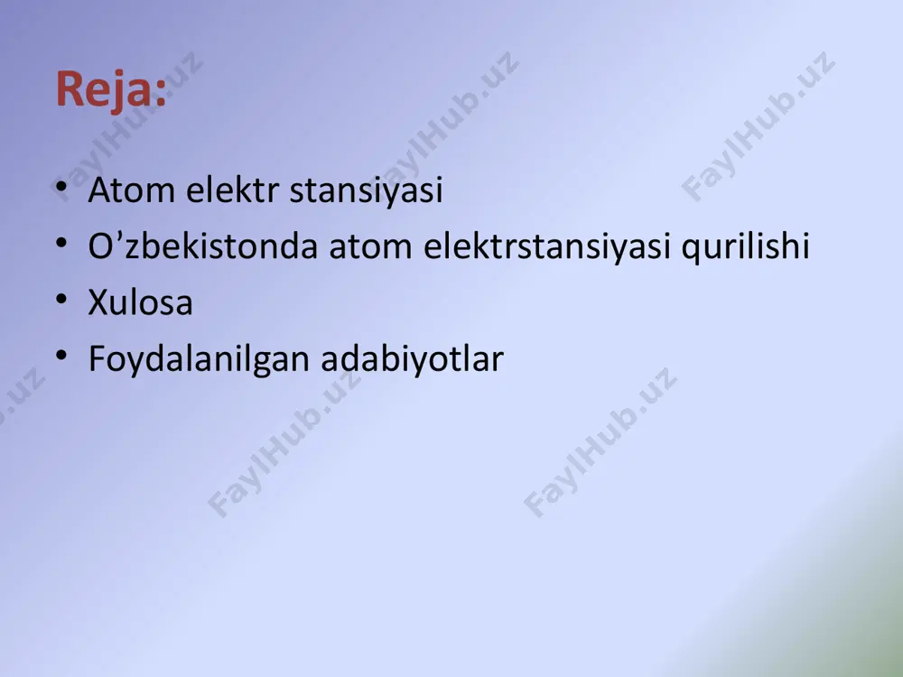 adi. xalqaro magate tashkilotining ma’lumotiga qaraganda aeslar uchun yadro yoqilg‘isi zahiralari hech qanday muammo tug‘dirmaydi. yadro yoqilg‘isi xom ashyosi - boyitilgan uranning zahiralari dunyodagi barcha aeslarni 3000 yil to‘xtovsiz ishlashiga yetadi. o‘zbekistonda atom elektrostansiyasi qurilishi o‘zbekistonda birinchi atom elektrostansiyasi navoiy viloyatida quriladi. o‘zbekistonda tinch maqsadlarda foydalanish uchun atom energetikasini barpo etishga kirishildi.rossiyaning "rosatom" davlat korporatsiyasi hamkorlikda atom elektr stansiyasini qurish bo‘yicha kelishuvga erishildi. mazkur kompleks 2 ta energoblokdan iborat, har birining quvvati 1 ming 200 megavatt bo‘ladi. atom elektr stansiyasi uchun dunyodagi eng xavfsiz va zamonaviy egergoblok tanlab olingan.stansiyani 2028-yilgacha ishga tushirish rejalashtirilgan.atom elektr stansiyasi barpo etilishi natijasida yiliga 3,7 milliard kub metr tabiiy gaz tejaladi. bu manba qayta ishlanib, yuqori qo‘shilgan qiymatli neft-kimyo mahsulotlari ishlab chiqariladi. xulosa: atom elektr stansiyasi atom yadrosi ajralib chiqishi natijasida hosil bo‘ladigan reaksiya asosida ishlaydi. ushbu jarayonda asosan uran yoki plutoniy atomlari ishtirok etadi. aesda urandan foydalanish uchun uran rudasi kukunga aylantiriladi. so‘ngra uran …