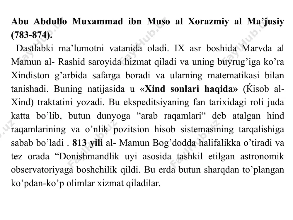 nlardan 3-,4-,7-darajali ildiz chiqarishni ochgan. 2-asari 11 bobdan iborat bo’lib, i-bobda geometrik yasashlarda zarur bo’lgan chizg’ich, tsirkulь va go’niya kabi asboblardan foydalanish usuli va ahamiyati qaraladi. x asrning ikkinchi yarmida yashab ijod etgan yana bir buyuk olim abul muqammad xamid ibn al- xizr xo’jandiy. astronomiyaga va sonlar nazariyasiga doir ko’proq asar yozib, bulardan x 3 +y3 =z3 ning butun ratsional ildizi yo’q ekanligini isboti ahamiyatga molikdir (fermani kichik teoremasi) shu davrda yashab ijod etgan abu sahl vay jon ibn rustam al - ko’hiy saqlangan asari “mukammal tsirkulь” (“fi birkar at -tamm”) hozirda arabcha qo’l yozmasi leyden universitetida saqlanmoqda. ixtiyoriy diamer va ordinata kesmasi bilan chegaralangan parabola qismining diametr atrofida aylanishidan hosil bo’lgan hajmni hisoblayd x-xi asrlarda yashagan matematik va astronom abu bakr muhammad ibn xasan karxiy al-xosibiy 70 bobdan iborat «hisob fanidan etarli kitob» (“kitob alkofi fil-hisob “) asari. bu kitobning algebra qismi bog’dod halifasi fahr al-mulk (1017 yilda o’lgan)ga …