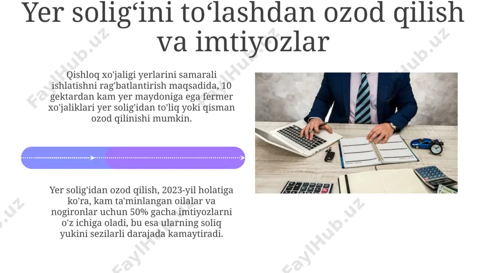 er unumdorligini hisobga olish zarur. yer soligʻi toʻlovlarining 30% gacha boʻlgan qismi vaqt oʻtishi bilan toʻlanmaganligi, bu esa byudjetga 15-20% miqdorida zarar yetkazishi mumkin. buni soliqqa tortish mexanizmlarini takomillashtirish orqali hal qilish mumkin. yer soligʻining iqtisodiyotga taʼsiri yer soligʻining joriy etilishi 2023 yilda byudjetga qoʻshimcha 1 trillion soʻm mablagʻ kirishiga olib keldi, bu infratuzilmani rivojlantirishga sarflanishi mumkin. yer soligʻi tufayli yer egalari yerlaridan samarali foydalanishga, boʻsh turgan yerlarni ishlab chiqarishga jalb qilishga undaladi, bu esa yalpi ichki mahsulotning oʻsish sur’atlariga ijobiy ta’sir koʻrsatadi. yer soligʻining ekologik muhofazaga taʼsiri yer soligʻi daromadlarining 20-30% ekologik dasturlarni moliyalashtirishga yoʻnaltirilishi atrof-muhitni muhofaza qilishga ijobiy taʼsir koʻrsatishi mumkin. yer soligʻining differensiatsiyalashgan tizimi ekologik toza hududlarni qoʻllab-quvvatlash va ifloslangan hududlarni tozalashga yoʻnaltirilgan 5-10% qoʻshimcha mablagʻlarni jalb qilishi mumkin. e'tiboringiz uchun rahmat @taqdimot_robot image4.jpg image5.jpg image6.jpg image7.jpg image8.jpg image9.jpg image10.jpg image11.jpg image12.jpg image13.jpg image14.jpg image15.jpg image16.jpg image17.jpg image18.jpg image19.jpg image20.jpg image1.jpeg image2.jpeg image3.jpeg