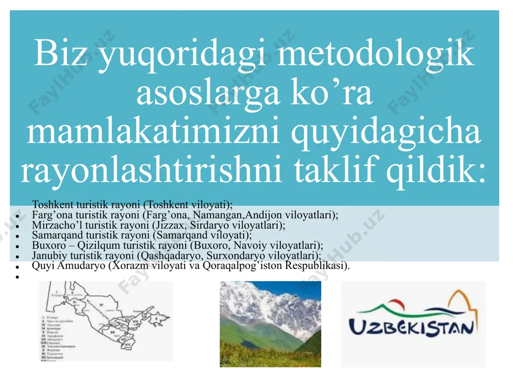 ning qurilgan, ham uning ta’sirida turgan orol atrofi hududlarini qamrab olishi zarur. ekoturlar nafaqat trekking (piyoda) yoki tuya va otlarda, balki samolyot va vertalyotlar orqali ham amalga oshirish lozim. zero u masofadan turib katta va tekis maydonni yuqoridan turib vizual kuzatish imkoniyatini beradi. orol dengizining shimoliy g’arbiy qismida joylashgan va kundan kunga kattalashib borayotgan borsakelmas oroli insonlarni atrof tabiiy muhitga salbiy ta’sirini aks ettiruvchi ekoturistik obyektdir. unda qozog’iston respublikasi borsakelmas qo’riqxonasi tashkil qilgan. amudaryo rayoni. amudaryoning o’zaniga yaqin har ikkala sohillarida to’qayzorlar mavjud bo’lib, ular ekoturlar uchun juda qiziqarli noyob landshaft ko’rinishlardan bo’lib hisoblanadi. quyi amudaryoning o’ng sohilida to’qay langshaftidagi qushlar va hayvonlarni muhofaza qilish uchun badayto’qay qo’riqxonasi tashkil etilgan. unga ma’rifiy-ma’naviy maqsadda tashrif buyurishni uyushtirish mumkin. ornitafaunani saqlash uchun xorazm buyurtmaxonasi tashkil etilgan. bulardan tashqari qizilqumning g’arbiy qismida, amudaryoning o’ng qirg’og’ida, kembriy va kembriygacha burmalangan tog’ jinslari ochilmalaridan iborat, balandligi 485 metrlik sulton uvays tog’lariga ekoturlar uyushtirish mumkin. amudaryo …