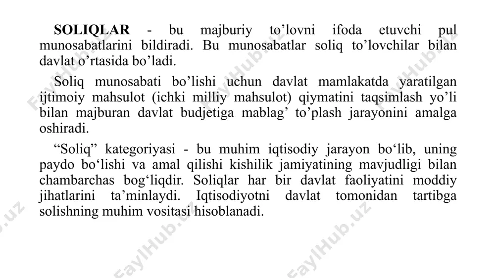 lgan. ilk soliqlar tizimsiz to‘lovlar ko‘rinishida bo‘lib, ular natura shakliga ega bo‘lgan. aholi soliqlarni ekinlar hosilidan, savdo-sotiqdan hamda ovlagan hayvonlaridan to‘lagan1ar. urush vaqtida esa, qo‘shimcha oziq-ovqat, kiyim- kechak, qurol- aslahalar etkazish, nochor bo‘lsa askar sifatida qo‘shimcha jalb etilgan. ikkinchi bosqichning o‘ziga xos xususiyati shundan iboratki, unda soliqlar davlat budjetini shakllantirishning asosiy manbasi sifatida ko‘rilgan. soliq obyektlarini aniqlash va soliqqa tortish qonun qoidalarini tartibga soluvchi ilk soliq tizimi yuzaga kelgan. to‘g‘ri va egri soliqlar ilk bor ajratilib, bu soliqlarning muhim va ahamiyatli jihatlari ochib berilgan. soliqlar ichida asosiy o‘rinni aksizlar egallagan. bular qonuniy ravishda shahar darvozalarida mamlakatga kiritiluvchi yoki undan chiqariluvchi tovarlardan undirilib, barcha daromadlar va tushumlar soliqqa tortilgan. uchinchi bosqichning o‘ziga xos xususiyati shundan iboratki, unda soliqlarning kamayishi hamda soliqlarni o‘rnatish va undirishga oid qonun- hujjatlarning kuchayishi yaqqol ko‘zga tasnanadi. jamiyatda moliya ilmining rivojlanishi bilan soliqqa tortish muammolari va uslubiyatlariga bag‘isnangan yangi-yangi ilmiy-nazariy qarasnar vujudga keldi. ammo hech qanday iqtisodiy …