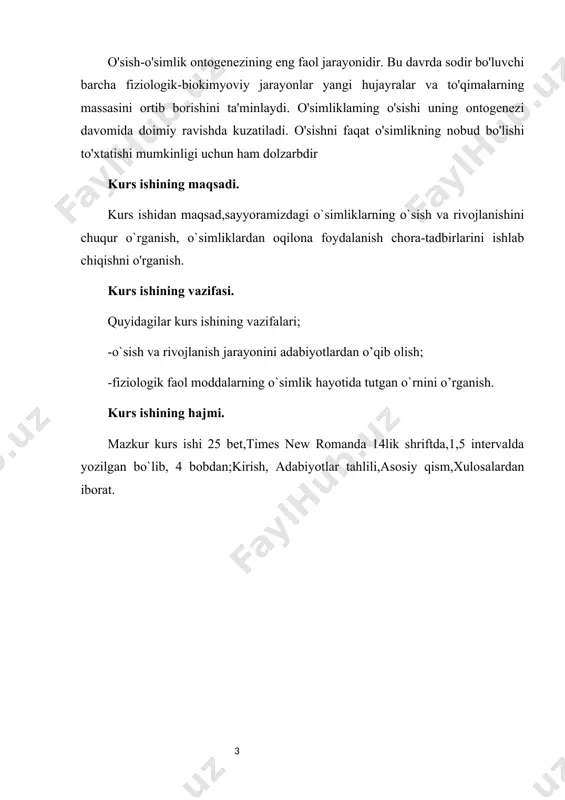 talab qiladi.boshqa organizmlar kabi o`simlik organizmning ham butunligi regulatsiya tizimi,boshqaruv va integratsiya bilan ifodalanadi.odatda texnika sohasida regulatsiya tushunchasi ostida tizim ko`rsatgichlarini ma`lum bir darajada ushlab turish tushuniladi.boshqaruv esa biron bir tizimning o`zgaruvchi tomoniga ta`sir etib uning boshqa bir holatga o`tkazilishi tushuniladi.[2] o`sish jarayonida organizmning struktura elementlari yangilanishi bilan birga ularning parchalanishi ham kuzatiladi.masalan generativ organlar hosil bo`lishida donli o`simliklarning quruq moddasi ortmasdan,balki kamayishi kuzatiladi,ammo shu davrda o`sish jarayonlari borib,organizmning yangi struktura elementlari hosil bo`ladi[3] o`simliklarning hayotiy davrini aniqlashda o`sish va rivojlanish atamalaridan foydalaniladi.o`sish o`simliklarning tashqi ko`rinishi,massasi,hajmi yuza qismlari va hujayradagi boshqa o`zgarishlar bilan aniqlanib,miqdoriy o`zgarishlarni yig`indisidan iborat.o`simliklarning hayotiy sikli ikki davrni o`z ichiga oladi ya`ni vegetativ va reproduktiv davrlarni o`z ichiga oladi.birinchi davr davomida o`simlikning vegetativ massasi jadal hosil bo`ladi.reproduktiv davr esa gullash ,meva hosil qilishdan iborat.[4] moddalar almashinish protsessining to`xtovsiz davom etishi natijasida o`simlik tanasining hajmi va oxirgi kundan kun ortib boradi.o`simlik tanasida hujayralarning sitoplazma va hujayra organoidlarning,vegetativ va …