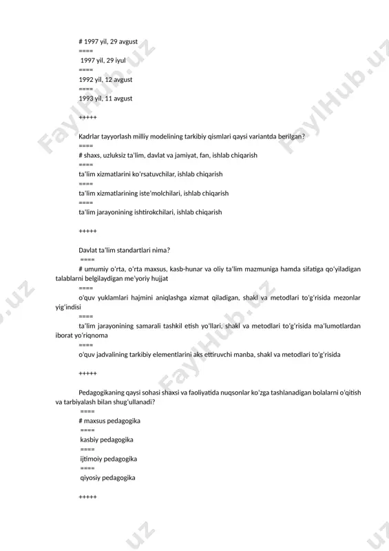 orat? ==== # 10 ta ==== 9 ta ==== 8 ta ==== 7 ta +++++ shaxsga xos bo‘lgan barcha tug‘ma xususiyatlarning boyib borishi, yangi sifatlarning hosil qilinishi, shuningdek, organizmning anatomik tuzilishi, fiziologik va psixologik funksiyalarning takomillashishi, faoliyat hamda xatti-harakatning miqdor va sifat jihatdan o‘zgarib borish jarayoni deganda nima tushuniladi? ==== # shaxsning rivojlanishi ==== shaxsning o‘sishi ==== shaxsning shakllanishi ==== shaxsning takomillashuvi +++++ shaxs rivojlanishiga qanday omillar ta’sir ko‘rsatadi? ==== # irsiyat, muhit, tarbiya ==== tabiiy muhit, ijtimoiy munosabatlar ==== muhit, tarbiya, bilim ==== irsiyat, tabiiy muhit, ijtimoiy munosabatlar +++++ “inson kamolatida uch narsa – irsiyat, muhit, tarbiya muhim rol o‘ynaydi” degan fikrni ilk bor ilgari surgan sharq mutafakkiri kim? ==== # abu rayhon beruniy ==== abu nasr forobiy ==== abu ali ibn sino ==== yusuf xos hojib +++++ shaxsning rivojlanishi qanday holatlar bilan belgilanadi? ==== # shaxsning fiziologik, ruhiy, intellektual o‘sishini ta’minlovchi faoliyat hamda xatti-harakatlarning miqdor va sifat jihatdan …
