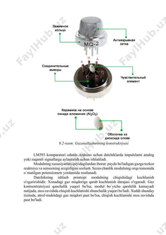 hi: · vcc – «+» manba · gnd – «yer», «-» manba · d0 – raqamli chiqish · a0 – uzluksiz chiqish 9.1-rasm. modul 9.2-rasm. gazanalizatorining konstruksiyasi lm393 komparatori odatda arduino uchun datchiklarda impulslarni analog yoki raqamli signallarga aylantirish uchun ishlatiladi. modulning xususiyatlari quyidagilardan iborat: paydo bo'ladigan gazga tezkor reaktsiya va sensorning sezgirligini sozlash. sezuvchanlik modulning orqa tomonida o`rnatilgan potensiometr yordamida rostlanadi. datchikning ishlash printsipi modulning chiqishidagi kuchlanish o'zgaririshidir. xonadagi gaz miqdoriga qarab kuchlanish darajasi o'zgaradi. gaz kontsentratsiyasi qanchalik yuqori bo'lsa, modul bo`yicha qarshilik kamayadi natijada, mos ravishda chiqish kuchlanishi shunchalik yuqori bo'ladi. xuddi shunday tizimda, atrof-muhitdagi gaz miqdori past bo'lsa, chiqish kuchlanishi mos ravishda past bo'ladi. bundan tashqari, modulda ikkita indikatorli led mavjud. pwr-led plataga quvvat manbai haqida signal beradi va datchik tomonidan gaz yoki tutun aniqlanganda d0-led led yonadi. 9.3-rasm. datchikning kontrollerga ulanish sxemasi 9.4-rasm. datchikning kontrollerga ulanish sxemasining tashqi ko`rinishi amaliy mashg`ulotni bajarish bo`yicha vazifa texnologik jarayonlarda …