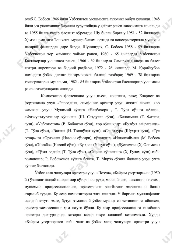 ютуғи эмас, бутун замонавий ўзбек мусиқа санъатининг ва айниқса, оркестр жамоасининг ҳам ютуғи бўлди. бу асар профессионал ва талабалар оркестри дастурларида ҳозирга қадар ижро қилиниб келинмокда. худди «байрам увертюра»си каби чанг ва ўзбек халқ чолғулари оркестри учун басталаган «концертино» (1952 й) ҳам созанда ва тингловчиларнинг севимли асарларидан биридир. бундай ижодий ютуқ композиторни ўз касб - ҳунари устида янада жиддий ишлашга, йирик ва муракаб мусиқа асарлари яратишга илҳомлантирди. тез орада унинг қалами остидан қуйидаги симфоник ва вокал -симфоник асарлар бунёдга келди: симфоник оркестр учун иккита сюита (1952, 1953 й.), мумтоз халқ куйи «сегох» асосида симфоник поэма (1956 й.), т. тўла сўзларига «оқ олтин» вокал - хореографик сюита ва «байрам куни» (1955 й.) вокал - симфоник поэма, айниқса, пахтакор деҳқонлар ҳаётига бағишланган 4 қисмли «ҳосил байрами» (р. бобожон сўзи, 1955 й.) кантатаси ўзининг миллий оҳангдорлиги, ранг - баранг хор қўшиқлар билан мироббошининг лирик ашуласи, якунловчи тантанавор рухда оммавий хор садолари билан ажралиб …