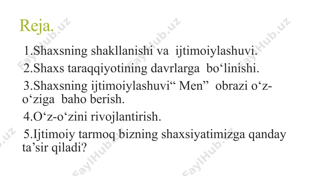 oiy mavjudligidir. odam individ bo’lib tug’iladi, shaxs bo’lib shakillanadi. . xx asr psixologi erik fromm shaxs tushunchasiga shunday ta’rif bergan.”shaxsda shunday yaxlit tug’ma va orttirilgan psixik xususiyatlar borki, u individni xarakterlab beradi va qaytarilmasligini ifodalaydi. k.k.platonov tomonidan taklif etilgan shaxsning dinamik funksional xususiyatlarini ko’rib chiqamiz: 1 ishonch va ishonchsizlik krizisi 1 yoshgacha davrdagi vaqt 2 uyat va shubhaning aksi avtonomlashishi 2-3 yoshda 3 shaxsning yo’naltirilganligi. shakillanish usuli – tarbiya dunyoqarashlari, e’tiqodlari, ideallari, intilishlari, qiziqishlari, istaklari 4 shaxs tajribasi . shakillanish usuli – ta’lim bilim, malaka, ko’nikma, odatlar 5 psixik protsesslarning xususiyatlari. shakillanish formasi - mashqlar diqqat, sezgi, idrok, xotira, tafakkur, hayol, hissiyot iroda 6 biolopsixik xususiyatlar. shakillanish formasi - trenirovka oliy nerv faoliyatining tipi, temperament, layoqatlar jinsiy farq 2.shaxs taraqqiyotining davrlarga bo’linishi. a.v.petrovskiy inson taraqqiyotining bir tekist jixatini olib o’rgangan bo’lsalar, bundan farqli o’laroq u shaxs shakillanishining prosotsial va asotsial bosqichlari mavjud bo’lishi mumkinligini takidlab o’tadi. 1.ilk bolalik (maktabgacha yoshidan …