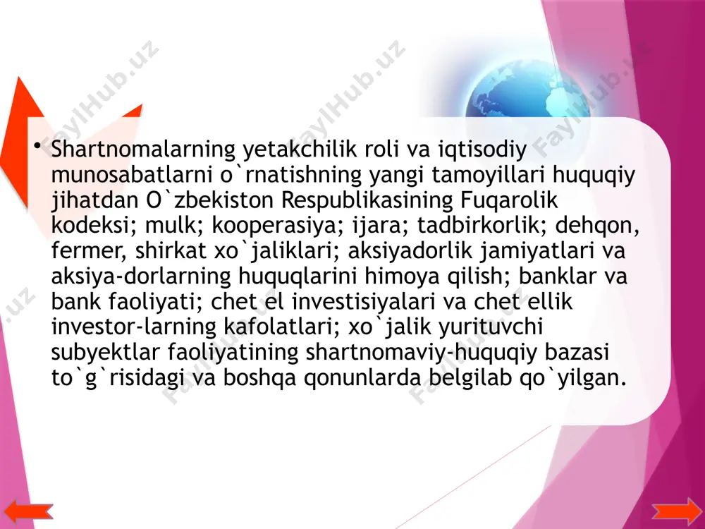 jat (ustav, nizom yoki ishonchnoma) ko`rsatilishi lozim. yuqoridagilarni shartnomada to`liq va aniq ifodalanishi muhim ahamiyatga ega. masalan, shartnomaning aniq nomlanishi taraflarga va boshqa shaxslarga qanday huquqiy munosabatlar haqida so`z yuritilayotganligi to`g`risida o`sha zahoti tushuncha bersa, shartnoma imzolangan vaqt (yil, oy, kun) shartnoma imzolangan paytni to`g`ri aniqlash va amal qilish muddatini qachon tugashi, yani bu bilan bog`liq yuridik oqibatlarni belgilash imkoniyatini beradi. xo`jalik shartnomasining ikkinchi qismi uning katta ahamiyatga ega bo`lgan shartlarini o`z ichiga oladi: shartnoma predmeti; birinchi tarafning shartnoma bo`yicha huquq va majburiyatlari; ikkinchi tarafning shartnoma bo`yicha huquq va majburiyatlari; taraflarning o`z majburiyatlarini bajarish muddatlari; taraflar majburiyatlarini bajarish joyi; taraflar majburiyatlarini bajarish usullari (harakatlar tartibi, ketma-ketligi va h.k.). ushbu shartlarning mazmuni shartnomaning turiga va uning qanday holatga nisbatan tuzilishiga bog`liq bo`ladi va fuqarolik kodeksi va amaldagi normativ hujjatlar qoidalari asosida shakllanadi. taraflarning shartnoma bo`yicha o`z majburiyatlarini bajarish muddatlari ko`rsatilgan taqdirda ham xo`jalik shartnomasining amal qilish muddati ko`rsatilishi maqsadga muvofiqdir. bu …