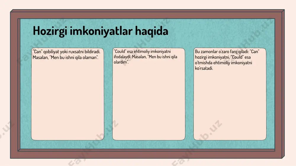 sa, biz piknikga boramiz (can) yoki, agar ob-havo yaxshi bo'lsa, piknikka borishimiz mumkin edi (could). boshqa misol: u kelasi yil universitetga kirishi mumkin (can) yoki u kelasi yil universitetga kirishi mumkin edi (could). o'zbek tilida, 'can' kelajakda amalga oshirilishi mumkin bo'lgan imkoniyatlarni, 'could' esa ehtimoliy yoki shartli holatlarni ifodalaydi. bu farq o'rganishda muhim ahamiyatga ega. ehtimolliklar va ularning qo'llanilishi 'can' va 'could' yordamida kelajak ehtimolliklarini ifodalash: 'can' kelajakda amalga oshirilishi mumkin bo'lgan holatlarni bildiradi, masalan, 'u ertaga kelishi mumkin.' 'could' esa ehtimollikni ifodalashda ishlatiladi, masalan, 'u ertaga kelishi mumkin edi, lekin hali aniq emas.' ehtimolliklarni tushunish uchun turli usullarni qo'llash muhim. masalan, kontekstni tahlil qilish va so'zlarning ma'nosini bilish. shuningdek, misollar orqali 'can' va 'could' ni qanday ishlatish kerakligini ko'rsatish foydali. misol uchun, 'u bu ishni bajarishi mumkin' (can) va 'u buni bajarishi mumkin edi' (could) kabi misollar orqali tushuntirish. kelajakdagi imkoniyatlarni baholash 'can' va 'could' kelajakdagi imkoniyatlarni baholashda quyidagi …