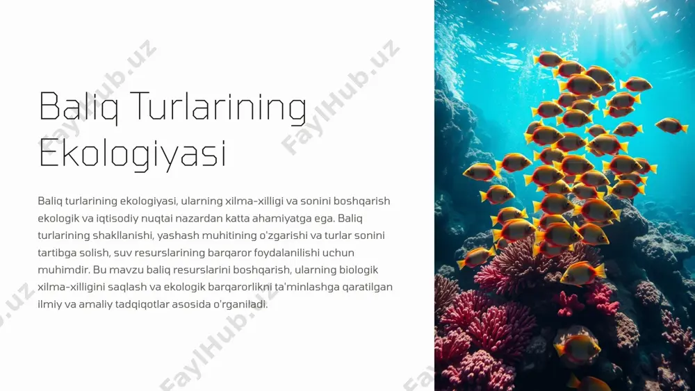 rlik suvlardagi harorat va sho'rlik o'zgarishiga qarshi turli baliq turlari o'zgarib, moslashadi. 3 kislorod miqdori yashash muhitiga moslashish baliqlarning o'zgaruvchan sharoitlarga qarshi turish imkoniyatini oshiradi. 5 baliq turlarining xilma-xilligi biologik boylik baliq turlarining xilma-xilligi biologik boylikni va ekosistemalarning barqarorligini ta'minlashda muhim rol o'ynaydi. ekologik barqarorlik xilma-xillik ekologik barqarorlikni oshiradi, chunki har bir baliq turi o'ziga xos ekologik nişalarda yashaydi. resurslarning taqsimlanishi baliqlar o'rtasidagi xilma-xillik resurslarning taqsimlanishiga ta'sir qiladi va biologik to'liq bo'lishni ta'minlaydi. 6 baliq turlarining turlanishi va diversifikatsiyasi evolyutsion jarayonlar turlar turlanishi va diversifikatsiyasi evolyutsion jarayonlar orqali amalga oshadi. ekologik nişalar baliqlarning yangi turlarining paydo bo'lishi, ularning ekologik nişalariga moslashishi va genetik xilma-xilligi orqali sodir bo'ladi. genetik xilma-xillik baliqlarning diversifikatsiyasi, yangi turdagi baliqlarni yaratish, turlar o'rtasidagi o'zaro ta'sir va evolyutsion bosimlar orqali davom etadi. 7 baliq turlarining biologik diversifikatsiyasi ekologik rol yashash joylari moslashuv oziq-ovqat zanjiri suv havzalari harorat va sho'rlikka moslashuv ekotizimlarning barqarorligi daryolar kislorod miqdoriga moslashuv biologik …