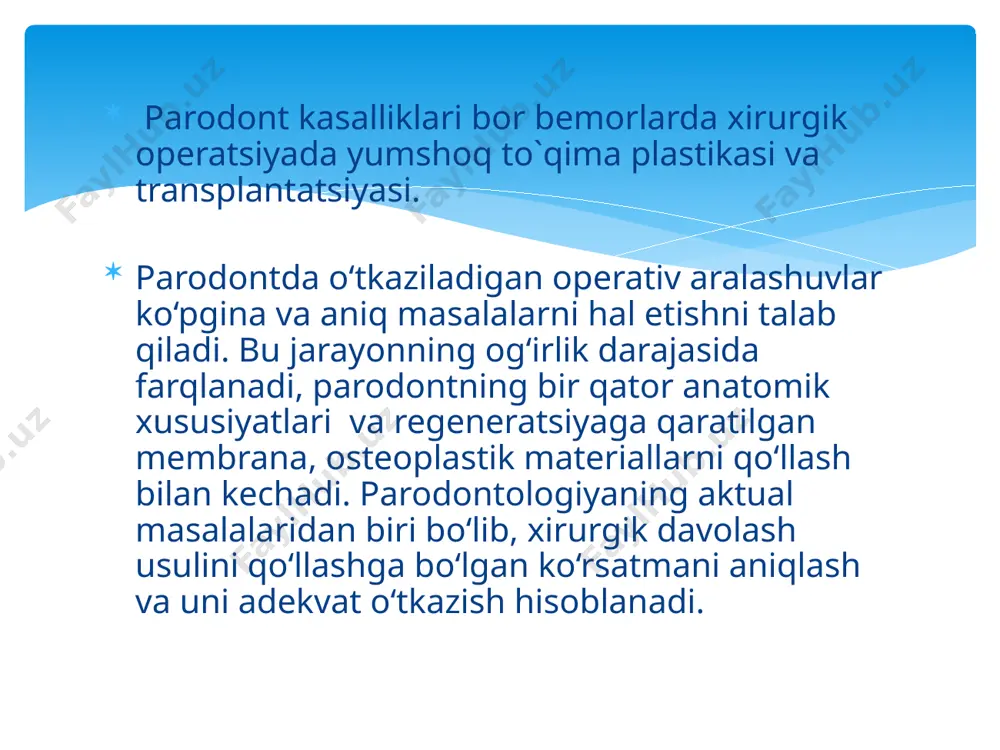 ansplantantning qisqarishinini qoplash uchun) - apikal kengaytmasi ochilgan ildizning eng katta apikal qismiga 3 ~ 5mm kattaroq bo'lishi kerak - yuqori qism apikal ravishda tikilishi mumkin (5-0 yoki 6-0 chok) - donor to'qimalar kesma qabul qiluvchi joyning suyak ustiga qarab turishi uchun kiritiladi - parodontal bog’lama ixtiyoriy donor joyini tayyorlash -donor to'qima qisqarishi sababli taxmin qilingan davolovchi transplantantdan 33% kattaroq bo'lishi kerak yupqa transplantant 1,25 mm donorlarning mumkin bo'lgan joylari: tishsiz tepalik, tuberozlik, tanglay -barcha gingival chekkadan> 2 mm masofada bo'lishi kerak -qalinligi bir hil holga keltiring -temirlashgan to'qimalarni olib tashlang stabilizatsiya - barmoqning kuchli bosimi qabul qiluvchi joyga donor to'qimasini qo'llash uchun ishlatiladi -o'lgan makon shakllanishiga yo'l qo'ymaslik uchun tikuv -preparatning harakatchanligini tekshirish uchun yonoqdan torting. klinik misol • qisman qalinligi loskut yuqori qismida joylashgan talablar - qalin milk -suyakni keng rezektsiya qilishning hojati yo'q - ildizni qoplaydigan yetarlicha alveolyar suyak - shoxlashgan milk mavjudligi rasm. klinik misol jarayon …