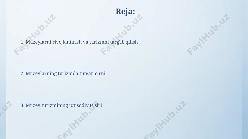 ksponatlari va kolleksiyalari muzey eksponatlarining digitalizatsiyasi va interaktiv taqdimotlari, masalan, 3d modellashtirish yoki virtual sayohatlar, yosh avlodni jalb qilishda muhim rol o'ynaydi va sayyohlik oqimini ko'paytiradi. kolleksiyalardagi noyob artefaktlar va asarlar, masalan, 15-asrga oid qo'lyozmalar yoki qadimgi davrga oid haykallar, turizmning jozibadorligini oshiradi va muzeylarni turli segmentdagi sayyohlar uchun qiziqarli qiladi. muzey turizmining turlari muzey turizmining asosiy turlaridan biri – tematik muzeyga tashrif buyurish bo'lib, yiliga o'rtacha 5 milliondan ortiq sayyoh turli xil ixtisoslashgan muzeylarga tashrif buyuradi. arxeologik muzeylarga tashrif buyuruvchilar soni 2022 yilda 15% ga oshgan bo'lib, bu turistik jozibadorlikning o'sishini ko'rsatadi. muzeyga tashrif buyuruvchilarning tajribasi muzeyga kelgan sayyohlar sonining 25%i ijtimoiy tarmoqlarda oʻz tajribalari haqida ijobiy fikr-mulohazalar qoldirib, muzeyning obro'siga va mashhurligiga hissa qo'shadi. oʻrtacha muzey tashrifi davomiyati 1,5 soatni tashkil etadi, lekin maxsus dasturlar va tadbirlar bilan birga bu vaqt 3 soatgacha choʻzilishi mumkin, bu esa turizm daromadlariga ijobiy ta'sir qiladi. muzeylar va mahalliy jamoalar muzey atrofidagi …