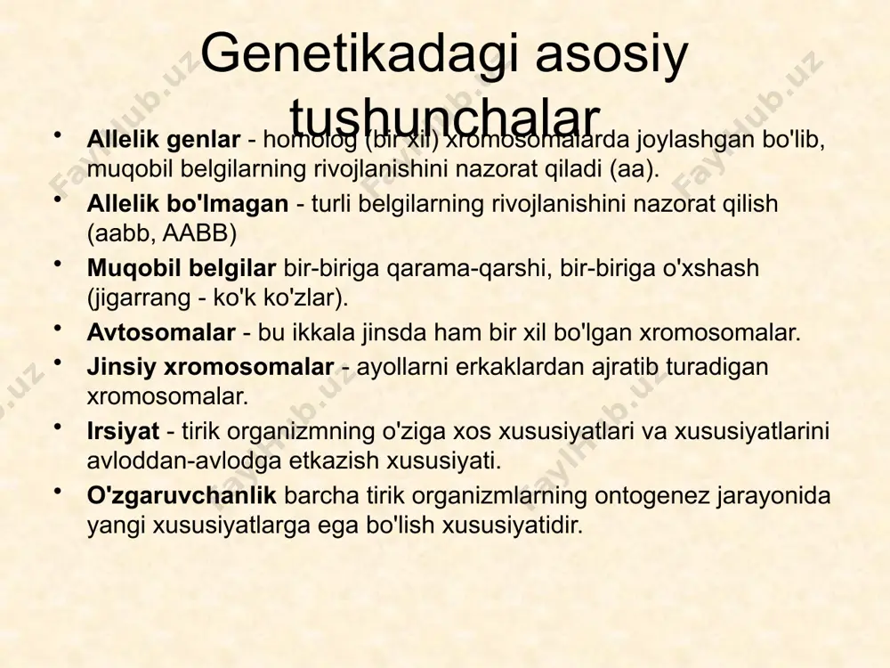 angi fasolni bo'yash balandligi urug'ning rangi urug'ning yuzasi fasol shakli gullarni tartibga solish qizil yashil yuqori sariq silliq oddiy aksillar oq sariq qisqa yashil ajinlangan ifodalangan apikal genetik muammolarni hal qilish bo'yicha umumiy ko'rsatmalar. vazifa turini aniqlash uchun quyidagilarni bilib olishingiz kerak: masalada nechta juft xususiyatlar ko'rib chiqiladi. belgilarning rivojlanishini qancha juft genlar nazorat qiladi. qanday organizmlar chatishadi (aa, aa ). kesishuv turi qanday (to'g'ridan-to'g'ri, o'zaro, tahlil qilish). belgilar rivojlanishini boshqaradigan genlar bog'langan yoki mustaqil ravishda meros qilib olinadi. meros jinsiy xromosomalar bilan bog'liqmi? naslda qancha fenotiplar (yoki genotiplar) sinflari hosil bo'ladi va ularning miqdoriy ahamiyati qanday. formatlash vazifalari: belgilar lotin harflarida - dominant - bosh harflarda, retsessiv - kichik harflarda yoziladi. avval ayol genotipi, keyin esa erkak qayd etiladi. bitta allel juftining genlari yonma-yon yoziladi (aa). genotipni yozishda xususiyatlarni bildiruvchi harflar alifbo tartibida yoziladi. fenotip bilan aniqlab bo'lmaydigan gen "_" belgisi bilan belgilanadi (fenotipik radikal). fenotip genotip ostida yoziladi. …