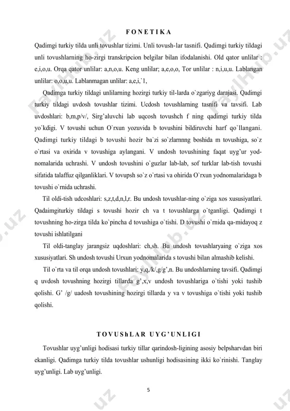 ari: y,q,/k/,g/g’,n. bu undoshlarning tavsifi. qadimgi q uvdosh tovushning hozirgi tillarda g’,x,v undosh tovushlariga o`tishi yoki tushib qolishi. g’ /g/ uadosh tovushining hozirgi tillarda y va v tovushiga o`tishi yoki tushib qolishi. tovushlar uyg’unligi tovushlar uyg’unligi hodisasi turkiy tillar qarindosh-ligining asosiy belpsharvdan biri ekanligi. qadimga turkiy tilda tovushlar ushunligi hodisasining ikki ko`rinishi. tanglay uyg’unligi. lab uyg’unligi. leksika qadimgi turkiy til yodgorliklarining lug’at tarkibi. umumturkiy qatlam va o`zlashg’an qatlam. tabiat hodisalarini aks ettiruvchi atamalar. tana a`zolarini ifodalovchi so`elar. harbiy soxaga oid so`zlar. toponimlar, etnonimlar, onomasti-ka, gidrotoponimlar, zoonimlar, qarindoshlik tushunchalarini bildiruvchv so`elar. qadimgi turkiy tilda ma`nodosh, shakldosh va zid ma`noli so`zlar. so`z yasalishi qadimgi turkiy tilda so`z yasalishining o`ziga xos xususiyat-lari. morfologik usulda so`z yasalishi. sintaktik usulda so`z yasalishi. morfologiya qadimgi turkiy tilda so`z turkumlari.ularning o`ziga xos xususyayatlari. mustaqip so`z turkumlari. yordamchi so`z turkum-lari. ot so`z turkumi. ot yasalishi. ot, sifat va otlashgan so`zlardan ot yasalishi. fe`ldan ot yasovchi qushimchalar. otlar-da shakl …