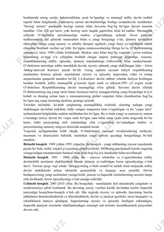 va, shuningdek, o‘zbekiston ijtimoiy-gumanitar fanlarining boshqa vakillari oldida jahon amaliyotini bu boradagi tarixiy tajribasini hisobga olgan holda, mazkur ta'limni yangi nazariy va metodologik darajaga ko‘tarish hamda yangi ilmiy yo‘nalishlarni o‘zlashtirish vazifasi turibdi. "eng yangi tarix" tushunchasining ta'rifi, mazmun -mohiyati o‘zbekistonda ijtimoiy-iqtisodiy va siyosiy hayotni isloh qilish bilan bir vaqtda, milliy o‘ziga xoslikni mustahkamlash jarayonlari boshlandi. tarixiy xotira milliy o‘ziga xoslikni tarixan idrok etishda asos bo‘lib xizmat qildi. ma'lumki, tarixiy xotira xazinasi millat taraqqiyotiga yordam beradigan milliy ongning samarali kuchi sifatida ona tiliga, turmush tarziga, urf-odatlari va madaniyatiga ehtiyotkorlik bilan munosabatda bo‘lishni talab qiladi. bu shunchaki ma'naviy merosni saqlab qolish uchun tarixiy qadriyatlarni jalb qilish emas, balki ma'naviy tiklanish yo‘lini boshlash uchun xalq o‘zining ko‘p asrlik tarixiga, ming yillik madaniy tajribasiga, buyuk ajdodlari merosiga murojaat qilishi va o‘zbekistonning jahon hamjamiyatiga qanday ma'naviy-axloqiy boyliklar bilan kirishi kerakligini anglatadi. bularning barchasi i.karimov tomonidan tarixiy xotiraga berilgan mazkur ta'rifda o‘z ifodasini topgan: “tarixiy xotira …