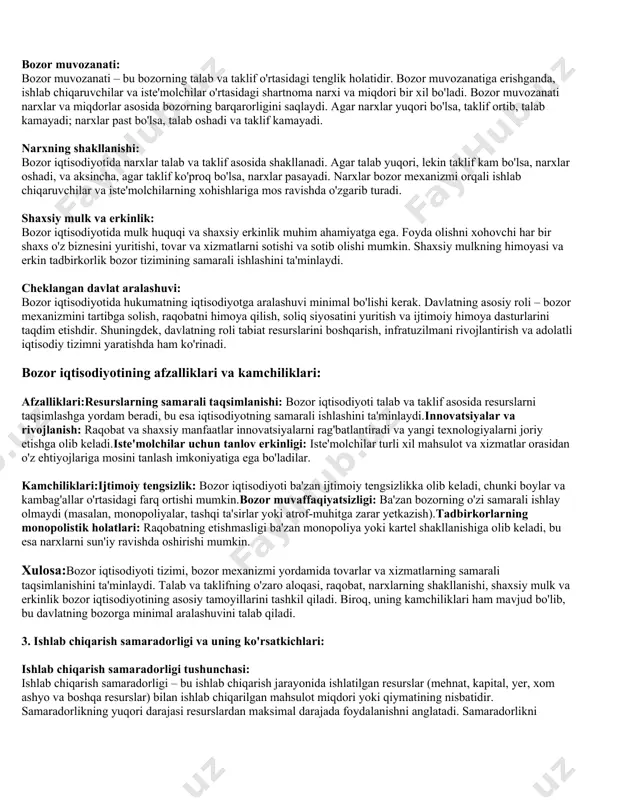 angi g'oyalar, texnologiyalarni ishlab chiqadilar, resurslarni taqsimlaydilar va jamiyatga foyda keltiradilar. 2-variant 1.iqtisodiy resurslar va uning turlari: iqtisodiy resurslar tushunchasi: iqtisodiy resurslar – bu jamiyatning iqtisodiy faoliyatini amalga oshirish uchun zarur bo'lgan barcha vositalar va moddiy boyliklardir. ular orqali ishlab chiqarish jarayonlari amalga oshiriladi va inson ehtiyojlari qondiriladi. iqtisodiy resurslar cheklangan bo'lib, ularni samarali va oqilona taqsimlash jamiyatning asosiy masalalaridan biridir iqtisodiy resurslarning asosiy turlari: yer resurslari (tabiat resurslari): yer resurslari – bu tabiiy boyliklar, ya'ni yerning o'zi, tabiiy resurslar, tabiiy xom ashyo va energiya manbalari. ular ishlab chiqarish jarayonida bevosita foydalaniladi. kapital: kapital – bu ishlab chiqarish jarayonida ishlatiladigan moddiy vositalar va moliyaviy resurslardir. kapital asosan ikki turga bo'linadi:fizik kapital: bu – ishlab chiqarishda ishlatiladigan uskunalar, mashinalar, inshootlar, transport vositalari va boshqalar. moliyaviy kapital: bu – pul mablag'lari, kreditlar va boshqa moliyaviy vositalardir, ular ishlab chiqarishning rivojlanishiga yordam beradi. ishchi kuchi: ishchi kuchi – bu insonlarning ishlab chiqarish jarayonida …