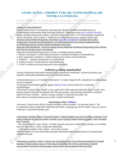 axborot turlari. sanoq sistemalari. texnika xavfsisligi — DOCX