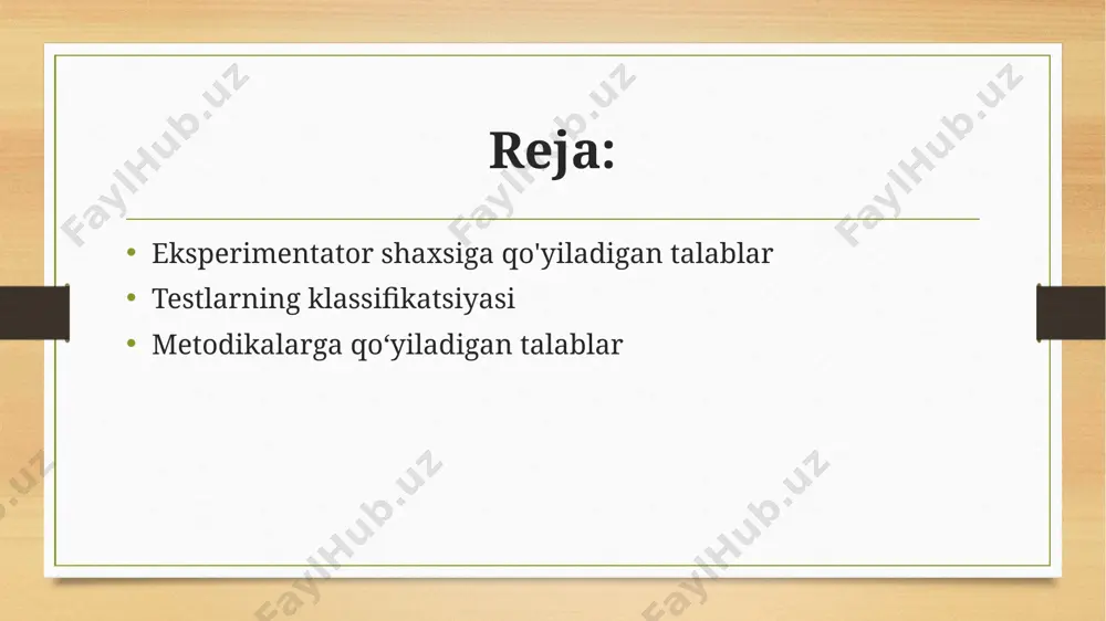 ohida belgilari, motivlar, emotsiyalar, masalan xarakter aktsentuatsiyasi, xavotirlik, fokus nazorati, yutuqqa erishish motivi, tajovuzkorlik va boshqalar aniqlanadi. shaxslararo testlar shaxslararo testlar - har xil ijtimoiy guruhlarda odamlarning munosabati sifatida ijtimoiy-psixologik o‘z-o‘zini attestatsiya qilish testi. amaliy testlar amaliy testlar - o'ziga topshiriq va shakllarni qamrab oladi, bunda sinaluvchi aniq predmet materiallari ularni almashtiruvchi materiallar bilan ko'rgazmali-harakatli reja asosida amaliy ish bajaradi. obrazli testlar obrazli testlar - obrazlar, surat, rasm, sxema va tasavvurlar bilan mashqlarni o'zi ichiga oladi. metodikalarga qo‘yiladigan talablar pedagogik-psixologik eksperiment, tadqiqotning ishonchli vositasi bo’lishi hamda natijalarning haqqoniyligiga ishonch hosil qilish uchun va ushbu natijalar asosida to‘gvri xulosa chiqarish uchun tadqiqotda qo’llanilgan psixodiagnostik metodika ilmiy asoslangan bo'lishi kerak, bunda metodlar quyidagi talablarga javob berishi lozim: validlik, ishonchlilik, bir sifatlilik va aniqlik. metodikaning ishonchliligi metodikaning ishonchliligi — metodika yordamida barqaror, qat’iy ko‘rsatkichlami olish imkoniyatlari bilan tavsiflanadi. psixologik test natijalarini nazorat qilish murakkab omillarga bog‘liq va bu quyidagilardir: asbob-uskunalarning o ‘lchov sifati; …