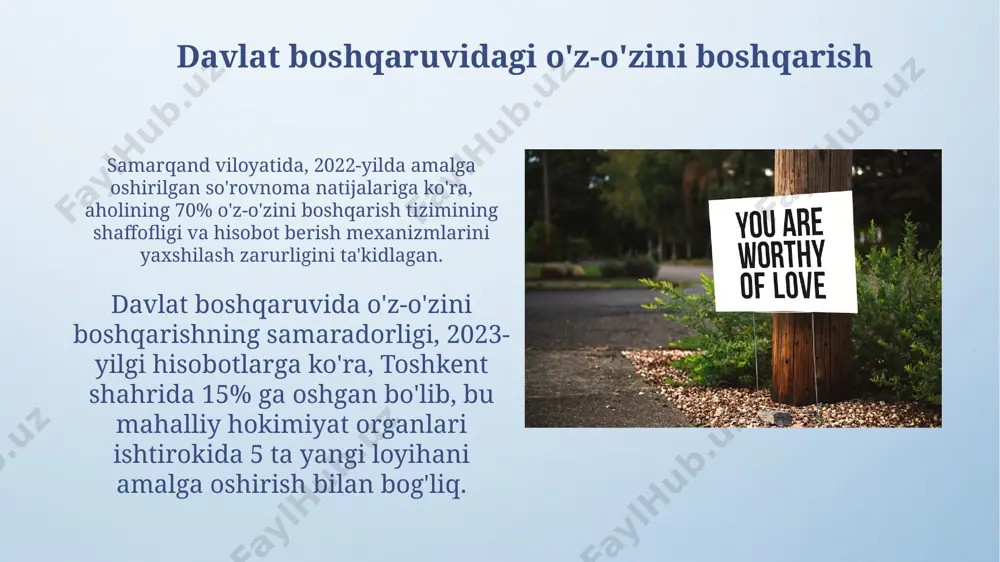 ining 10 ta qishlog'ida o'tkazilgan tajriba shuni tasdiqladiki, o'z-o'zini boshqarish mahalliy byudjetning samarali boshqarilishini ta'minlaydi va korruptsiyaga qarshi kurashda muhim rol o'ynaydi. o'z-o'zini boshqarishning cheklovlari 2022-yilda o'tkazilgan tadqiqotlarga ko'ra, toshkent shahridagi 5 ta mahalla fuqarolar yig'inlarining 75% da qaror qabul qilish jarayonida aholi ishtirokining pastligi kuzatildi, bu esa o'z-o'zini boshqarishning cheklanganligini ko'rsatadi. andijon viloyatining 15 ta qishlog'ida o'tkazilgan so'rovnomalar natijalariga ko'ra, 60% aholi o'z-o'zini boshqarish tizimida korruptsiya holatlarining mavjudligiga ishonishadi, bu esa ishonchsizlik va samaradorlikning pasayishiga olib keladi. shaxsiy o'z-o'zini boshqarish shaxsiy o'z-o'zini boshqarish, 5 bosqichli jarayon sifatida ko'rib chiqilishi mumkin, bu yerda har bir bosqich maqsad qo'yish, rejalashtirish, amalga oshirish, baholash va tuzatishdan iborat bo'lib, samarkanddagi tadqiqotlar shuni ko'rsatdiki, 80% muvaffaqiyat shu bosqichlarning aniq bajarilishiga bog'liq. o'z-o'zini boshqarish samaradorligini oshirish uchun kuniga kamida 15 daqiqa vaqt ajratish, 3 ta muhim vazifani belgilash va ularning bajarilishini kuzatib borish, toshkentdagi mutaxassislar fikricha, stress darajasini sezilarli darajada kamaytiradi. o'z-o'zini boshqarishning kelajagi oʻz-oʻzini …