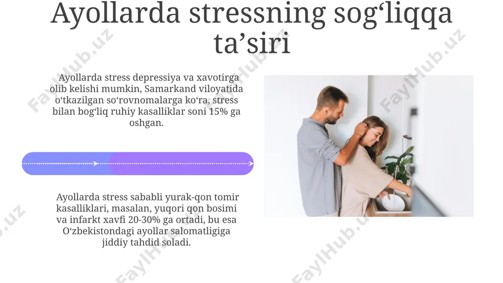 niqlangan. erkaklarda stressning psixologik alomatlari orasida 30% dan ortig'i xafa bo'lish, g'azablanish va tajovuzkorlikni namoyon qiladi, bu esa, masalan, toshkent kabi yirik shaharlarda yashash sharoitida kuchayadi. xulq-atvor oʻzgarishlari erkaklarda erkaklarda stressning jismoniy namoyon boʻlishida yurak urishining tezlashishi, 30% hollarda qon bosimining oshishi va 70% ga yaqin holatlarda bosh ogʻrigʻi kuzatiladi, bu esa koʻpincha toshkentdagi shifokorlar tomonidan qayd etiladi. stress ta'sirida erkaklarning 25% da immunitet tizimining zaiflashuvi natijasida tez-tez shamollash va yuqumli kasalliklarga chalinish kuzatiladi, bu esa butun dunyo boʻyicha epidemiologik tadqiqotlar bilan tasdiqlangan. sogʻlom turmush tarzi va stress toshkent shahrida oʻtkazilgan soʻrovnoma natijalariga koʻra, haftada kamida 5 marta 30 minut sport bilan shugʻullanuvchi erkaklarning 70% da stressning salbiy ta’siri sezilarli darajada kamaygan. jismoniy faollik, toʻgʻri ovqatlanish va yetarlicha uyqu kabi sogʻlom turmush tarzi omillari, aqsh milliy sogʻliqni saqlash instituti ma’lumotlariga koʻra, stress gormonlari (kortizol) darajasini 15-20% ga pasaytiradi. erkaklarda stressning sogʻliqqa taʼsiri erkaklarda stress yurak-qon tomir kasalliklari xavfini 25% ga …