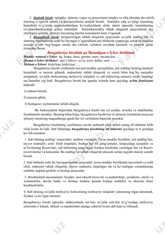 latini aks ettirish bilan birga ularda oqilona, samarali foydalanish ustidan nazorat olib boradi. buxgalteriya hisobining maqsadi foydalanuvchilarni o’z vaqtida to’liq hamda aniq moliyaviy va buxgalterik axborotlar bilan ta’minlashdan iborat. buxgalteriya hisobining vazifalari: 1. buxgalteriya hisobi hisob varaqalarida aktivlarning holatini harakatini mulkiy va majburiyatlarning holati to’g’risidagi ma’lumotlarni shakllantirish 2. samarali boshqarish maqsadida b/h ma’lumotlarini umumlashtirish 3. moliyaviy, soliqga doir va boshqa hisobotlarni tuzish va o’z vaqtida topshirishdan iborat. xo’jalik hisobining operativ, statistik va buxgalterik singari turlari mavjud. 1. operativ hisob-korxona va tashkilot faoliyatida sodir bo’layotgan xilma-hil jarayonlar haqida zarur ma’lumotlarni tezda yetkazib berishga qaratilgan joriy kuzatish va qayd qilish usulidir. operativ hisob ma’lumotlari xo’jalik jarayonlari amalga oshirilayotgan joylarda olinadi va tezda yoziladi. operatsiya hisob ma’lumotlari hamma vaqt ham hujjatlarda qayd qilinmaydi. ular og’zaki, telefon, telegraf orqali berilishi mumkin. 2. statistik hisob- iqtisodiy, ijtimoiy voqea va jarayonlarni miqdor va sifat jihatdan aks ettirib, ularning o’zgarish sababi va qonuniyatlarini aniqlab beradi. statistika xalq …