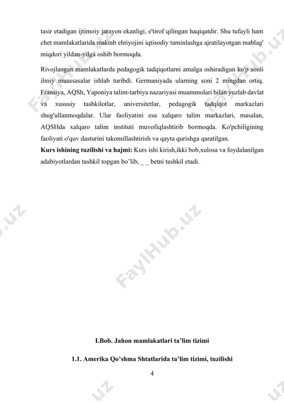 ’limining davomiyligi minimal daraja – 4 yildan kam. mazkur hududlarda aholining ko’pchiligi savodsiz. masalan, janubiy saxarada yashovchi 140 mln afrikalik savodsizligicha qolmoqda. maktab ta’limi davomiyligining eng pastligi nigeriyada – 2,1 yil, keyin burkina-fasoda – 2,4 yil, gveniyada – 2,7 yil, jibutida – 3,4 yil. xx asrning oxiriga kelib qator iqtisodiy, siyosiy, ijtimoiy sabablarga ko’ra ta’limning uzluksizligi va integratsion jarayonlarda og’ishlar kuzatilayotan hududlar ajratib ko’rsatildi. bunday hududlarga arab davlatlari, sharqiy yevropa va sobiq sssr davlatlari kiradi. arab davlatlarida ichki integratsiyaga tayanadigan to’rtta subregionni shakllantirisha intilish kuzatilmoqda. bu hududlarga: mag’rib (liviya bilan birga), yaqin sharq (misr, iroq, suriya, livan, iordaniya), fors ko’rfazi (saudiya arabistoni, quvayt, baa, qatar, ummon, baxrayn), qizil dengiz bo’yi va mavritaniya davlatlari. iqtisodiy rivojlangan davlatlar ta’lim tizimi. rivojlangan xorijiy davlatlarda ta’limning mamlakat ichki siyosatiga faol tasir etadigan ijtimoiy jarayon ekanligining e’tirof qilingani haqiqatdir. shu tufayli ham rivojlangan mamlakatlarda maktab ehtiyojini iqtisodiy ta’minlashga ajratilayotgan mablag’ miqdori yildan-yilga oshib bormoqda. masalan, …