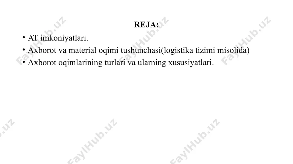 boshqarish tizimi elementlari ma'lumotlarning material va axborot oqimlari materiallar oqimi - bu moddiy shaklga ega bo'lgan, unga turli xil logistika operatsiyalarini qo'llash jarayonida (tashish, yuklash va tushirish, omborxona va boshqalar) va vaqt oralig'i bilan bog'liq bo'lgan mahsulot. materiallar oqimining o'lchami vaqt bilan bog'liq bo'lgan hajm (massa, miqdor) bo'ladi. shunday qilib, ma'lum bir yo'nalishda hisoblangan vaqt oralig'ida (yil, chorak, oy va boshqalar) turli xil transport turlari bilan tashilgan yuk miqdori moddiy oqimning mavjudligi shakli (yuk oqimi, ombor aylanmasi va boshqalar) bo'ladi. . agar material oqimi vaqt oralig'i bilan emas, balki vaqt nuqtasi bilan bog'liq bo'lsa, u zahiraga tushadi. masalan, yuk oqimi, agar ma'lum bir vaqtda hisobga olinsa, transport zaxirasi yoki tranzitdagi zaxira bo'ladi. ma'lumotlarning material va axborot oqimlari materiallar oqimining quyidagi shakllari ajratiladi: - berilgan logistika tizimi (korxonalar, bazalar, omborlar va boshqalar) doirasida oqadigan ichki material oqimi; - tashqi (logistika tizimiga nisbatan) muhitda oqadigan tashqi material oqimi. tashqi material oqimini kirish …