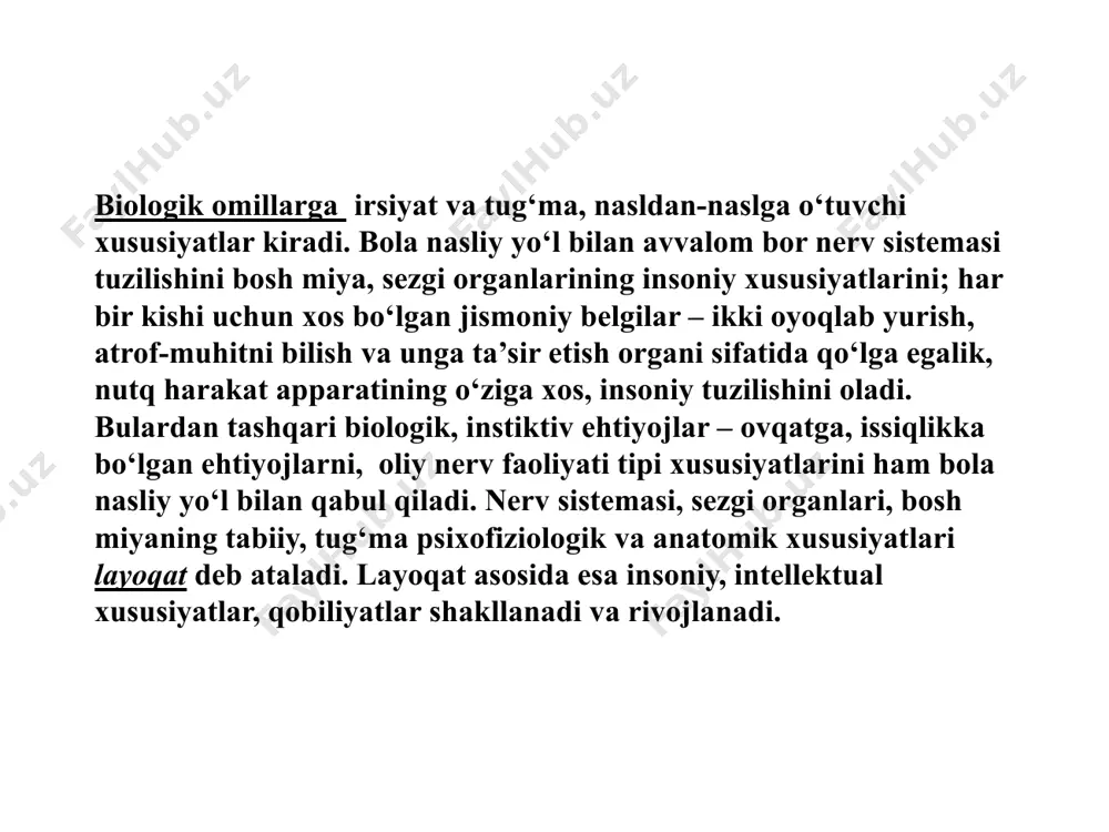 ayonlar bo‘lsa ham, bir-biriga mos kelar va bir- biriga ta’sir o‘tkazar ekan. ta’lim va psixik o‘sish bir-biriga mos keladigan nazariyaning namoyandalari (amerikalik psixologlar djeyms, torndayk va ingliz psixologi makdugall) ning da’vo qilishicha : ikkala jarayon bir-biriga yaqin va parallel holda boradi – ta’lim- tarbiya bilan psixik o‘sish qadam- baqadam boradi; ta’lim va psixik o‘sish bir vaqtda amalga oshadi. bu nazariya ikki jarayonni aralashtirib, bir-biriga tenglashtirib qo‘yadi. bu ta’lim jarayoni o‘rganilsa, psixik o‘sish jarayoni ham o‘rganilgan bo‘ladi, degan xulosaga olib keladi. bu nazariya bir tomonlama nazariya bo‘lib, butun e’tiborni bilish faoliyatiga qaratadi-yu, bola shaxsining hissiyoti va irodasini e’tiborga olmaydi. odam ongining roli, inson shaxsini tarkib toptiruvchi ijtimoiy hayot va amaliyotning roli kamsitiladi yoki inkor qilinadi. ta’lim va taraqqiyotning o‘zaro munosabati qanday baholanishiga qarab, bu masalada 2 nuqtai - nazarni ajratib ko‘rsatish mumkin. nemis psixologi v.shtern ta’lim psixik taraqqiyotning orqasidan boradi va unga moslashadi, degan fikrni ilgari suradi. uning ta’kidlashicha, bola tomonidan …