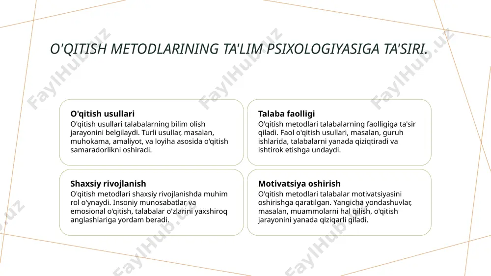 ngan metodlarni qo'llash orqali talabalarni yanada motivatsiyalash va rivojlantirishlari mumkin. xulosa 1 ta'lim psixologiyasi ahamiyati ta'lim psixologiyasi, o'quv jarayonlarida talabalar va o'qituvchilar o'rtasidagi o'zaro ta'sirni yaxshilashga yordam beradi, bu esa ta'lim samaradorligini oshiradi. 2 innovatsion metodlar roli innovatsion pedagogik metodlar talabalarning qiziqishini oshiradi va o'quv jarayonlarida yangi yondashuvlarni qo'llash orqali ularning faol ishtirokini ta'minlaydi. 3 motivatsiya va rivojlanish talabalarning motivatsiyasi ularning shaxsiy rivojlanishiga katta ta'sir ko'rsatadi, shuning uchun ta'lim psixologiyasi bu jarayonda muhim rol o'ynaydi. e'tiboringiz uchun rahmat! /docprops/thumbnail.jpeg