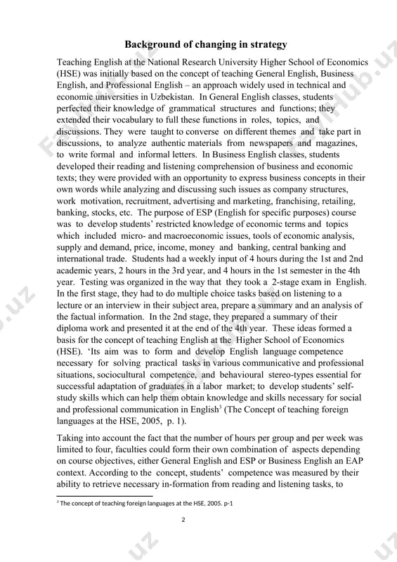 ending on course objectives, either general english and esp or business english an eap context. according to the concept, students’ competence was measured by their ability to retrieve necessary in-formation from reading and listening tasks, to produce their own texts, both written and oral, using professional vocabulary, make summaries, and write formal and informal letters. then final exam included a listening task, writing a summary to a text and written analysis of factual information, in the 1st stage and making a presentation in the 2nd. the concept and the english language syllabus based on it worked for 5 years. in five years’ time, there occurred a need to systematize approaches to english language teaching and to standardize the english language proficiency levels. the common european framework of reference for languages: learning, teaching, assessment[footnoteref:4](http://www.coe.int/t/dg4/linguistic/cadre1_en.asp) abbreviated as cefr, and the programme ‘foreign language’, recommended by the methodological com-mite of the ministry of …