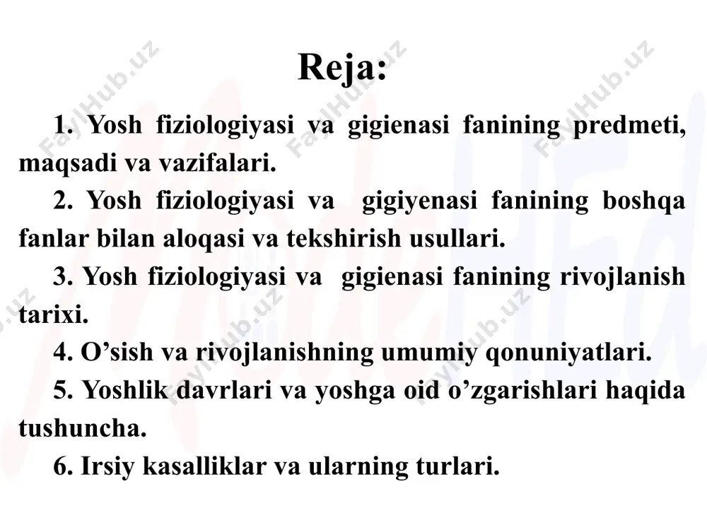 iladigan ishlarning bu sohasida o’sib kelayotgan avlodning turli ishlar bilan shug’ullanishida (bolalar muassasalarida o’qish, jismoniy ish bajarish, jismoniy tarbiya) gigiyenik tadbirlarni qo’llash va natijalarini aniqlash ko’zda tutiladi. bunda bolalarning sog’ligini saqlagan holda ish faoliyatini oshirish hamda charchashning oldini olish tadbirlarini ko’rish asosiy masala hisoblanadi. bu esa o’z navbatida yasli, bog’cha va maktab yoshidagi bolalarga muvofiq keladigan kun tartibining to’g’ri tuzilishiga xizmat qiladi; tashqi muhit gigiyenasi. rejalashtirilgan ishning bu qismida bolalar va o’smirlar muassasalarini loyihalash va qurishda bir qator gigiyenik tadbirlarni joriy yetish, jumladan ularni aholi yashaydigan joylarga qurish, xonalarni yetarli darajada yoritish, toza havo va issiqlik, ichimlik suv bilan, bolalar uchun mo’ljallangan jihozlar bilan ta’minlash ko’zda tutiladi; yosh fiziologiyasi va gigiyenasi fanining tekshirish usullari. bolaning tug’ilishidan boshlab to voyaga yetguniga qadar uning organlari, organlar tizimlari ,to’qimalari va hujayralari funksiyalarini to’rli biologik va fiziologik usullar yordamidi o’rganib, muhim xususiyatlari qayd qilinib olingan ma’lumotlar to’planadi va ular taxlil qilinadi: 1. laboratoriya tadqiqot …