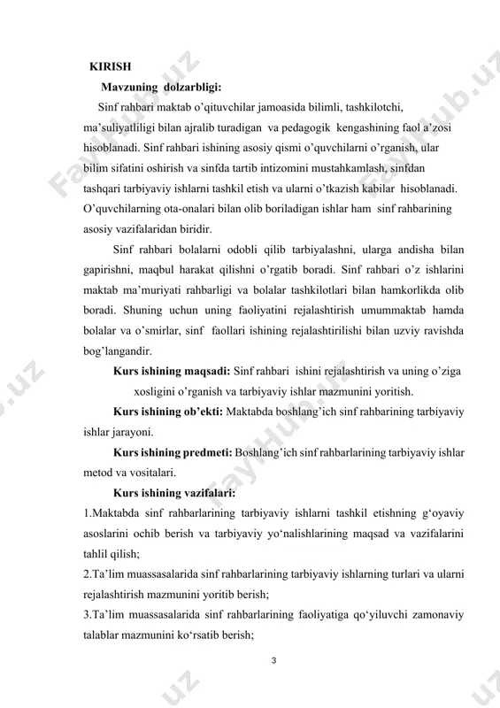 larning turlari va ularni rejalashtirish mazmunini yoritib berish; 3.ta’lim muassasalarida sinf rahbarlarining faoliyatiga qo‘yiluvchi zamonaviy talablar mazmunini ko‘rsatib berish; kurs ishining metodologik asoslari: o‘zbekiston respublikasining konstitutsiyasi; “ta’lim to‘g‘risida”gi qonun va “kadrlar tayyorlash milliy dasturi”, sh.мirziyoyevning “qonun ustuvorligi va inson manfaanlarini ta’minlash – yurt taraqqiyoti va xalq farovonligining garovi”asari, “sog‘lom avlod” davlat dasturi; «o‘zbekiston respublikasida umumiy o‘rta ta'lim maktablarining sinfrahbarlari to‘g‘risida»gi nizom. o‘zbekiston respublikasi xalq ta'limi vazirligining 2001-yil 9-noyabrdagi 163-sonli buyrug‘iga ilova yosh avlodni shakllantirish to‘g‘risidagi vazirlar mahkamasi tomonidan chiqarilgan qarorlar; yoshlarda umuminsoniy qadriyatlarga sodiqlikni tarbiyalashga oid sharq mutafakkirlarining asarlari, fikrlari, pedagogik, psixologik, didaktik manbaalar xizmat qiladi. kurs ishining tuzilishi va xajmi: kirish, 4ta reja, xulosa, foydalanilgan adabiyotlar ro’yxatidan iborat bo’lib, jami -- sahifani tashkil qiladi. 1. «o‘zbekiston respublikasida umumiy o‘rta ta'lim maktablarining sinf rahbarlari to‘g‘risida»gi nizom. o‘zbekiston respublikasi xalq ta'limi vazirligining 2001-yil 9-noyabrdagi 163-sonli buyrug‘iga ilova i-umumiy qoidalar umumiy o‘rta ta'lim muassasalarida sinf rahbari faoliyati o‘zbekiston respublikasi «ta'lim to‘g‘risida»gi qonuni, …
