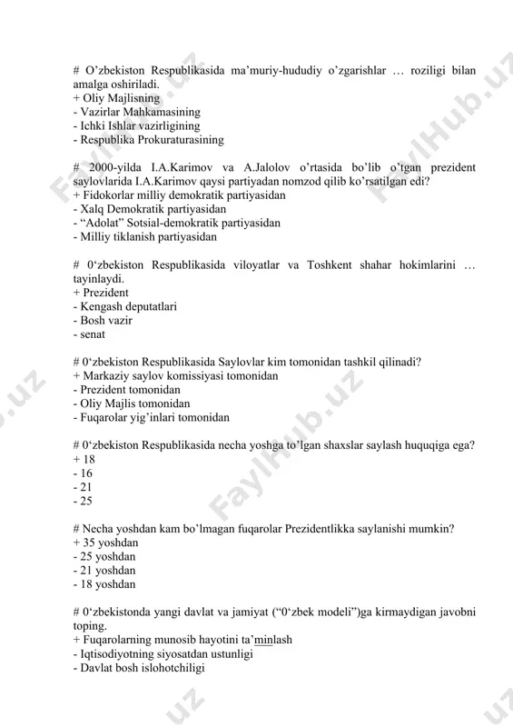 raisining birinchi o’rinbosari # quyidagilardan qaysi biri o’zbekiston respublikasining tashqi siyosati tamoyillariga to’g’ri kelmaydi? + fuqarolarni iqtisodiy ta’minlash - chegaralaming dahlsizligi - suveren tenglik - kuch ishlatmaslik # o’zbekiston birlashgan millatlar tashkiloti (bmt)ga qachon a’zo bo’lgan? + 1992 yil 2 martda - 1995 yil 12 mayda - 1997 yil 31 avgustda - 1945 yil 24 oktyabrda # o’zbekiston respublikasi qaysi tashkilotga a’zo emas? + yevropa ittifoqiga - yunesko ga - xalqaro valyuta fondiga - jahon bankiga # “o`zbekiston respublikasini yanada rivojlantirish bo’yicha harakatlar strategiyasi” to`grisidagi president farmoni qachon e`lon qilingan. + 2017 yil 7 fevral - 2016 yil 5 avgust - 2021 yil 10 noyabr - 2015 eil 4 mart # mamlakatimizda aholining necha yoshgacha bo‘lgan qismi yoshlar toifasiga kiritiladi? + 30 yoshgacha - 25 yoshgacha - 18 yoshgacha - 40 yoshgacha # 2014-yil braziliyada bo’lib o’tgan futbol boyicha jahon chempionatida 9 ta oyinni boshqargan hakam sifatida tarixga kirgan o’zbek …