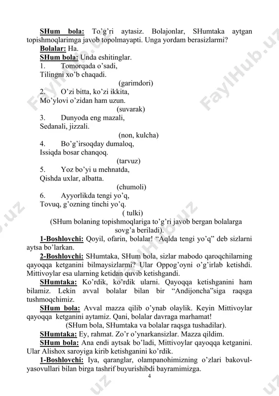 h ham yomonlik qilmaymiz. 2-boshlovchi: juda soz. ana endi bayramimiz bayramday o’tadi. 1-boshlovchi: bolajonlar, yangi yil kirib kelishi uchun yana 2 ta mehmonni taklif qilishimiz kerak bu yerga. oppog’oy: kim ekan u mehmonlar? bolalar: qorbobo! qorqiz! shumbola: to’ppa-to’g’ri. endi hammamiz birgalikda qorbobo bilan qorqizni chaqiramiz. hamma: qorbobo! qorqiz! ( 3 marta). (qorbobo qorqiz bilan kirib keladi) qorbobo: salom, meni aziz bolajonlarim. kirib kelayotgan yangi yilingiz muborak bo’lsin. qorqiz: bobojon, bayram avjida-ku. o’yin-kulgi-ga, musoboqalar ham qiziqarli o’tgan bo’lsa kerak. yangi yil sovg’alarsiz bo’lmaydi, albatta. qorbobo: to’g’ri aytasan, qizim, hammangizga yetarli sovg’a bor qopimda. (qorbobo bolalarga sovg’a ulashadi). qorbobo: iya, archamiz uxlab qopti-ku. bayram chiroqlarini yondirishim uchun menga yordam berishingiz kerak, bolajonlarim. hammamiz birgalikda “archa, yon” deymiz. bir, ikki, uch . . . archa yon! ( 3 marta). (archa yonadi). 1-boshlovchi: yangi yil muborak, aziz vatanim! farzandlari sog’lom, qudratli yurtim! yangi yil muborak, mehnatkash halqim! fidoiy, mardona, jonkuyar elim! (yangi yil haqida …