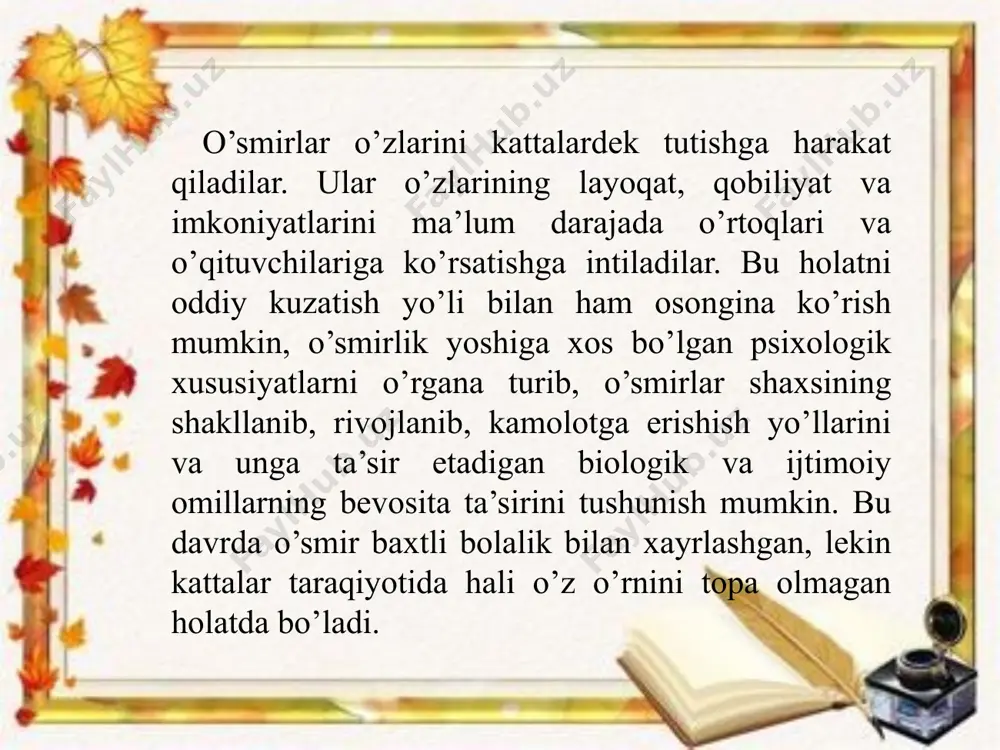 jumladan modaga qiziqish, o’ziga aro berish, o’zgacha «madaniy» horqdiq chiqarish, mulzamat qilishga intilish kabilar. ular ko’pincha talablarga, katta yoshdagi kishilarga, televizor va kinolarda ko’rgandlariga taqlid qiladi. o’z tasavvurida nimani ommabop deb hisoblasa, xuddi shu narsani namuna tarzida qabul qiladi. o’smirda o’z-o’zini va o’zgalarni baholash mezoni ana shu tariqa yuzaga keladi. shuning uchun unda yangi his-tuyg’ular, orzu-umidlar, sevgi haqidagi kitob solish holatlari ko’zga tashlanadi. psixologiya fanida inson xulq-atvoridagi o’zgarish, goho chetga og’ish hodisasi ijtimoiy hayot bilan bog’liqligi haqida umumiy qonuniyat mavjud. jahon psixologlari olib borgan tadqiqotlar tarbiyasi qiyin o’smirlarning paydo bo’lishga ijtimoiy muhitdan tashqari pedagogik-psixoloik omillar ham sabab bo’lishini ko’rsatmoqda.o’smirlar harakatlarini izchil va uzluksiz o’rganishщ, ulardagi chetga og’ish ko’rinishlari turlicha bo’lishini ta’kidlamoqda. tarbiyasi qiyin o’smir, axloqi butunlay ishdan chiqqan, harakat boshqarish imkoniyatiga ega bo’lmagan, jinoyatchi emas. shuning uchun ularning xulq motivlarini tadqiqot qilish orqali qayta tarbiyalash, shaxsda hukm surib kelayotgan ayrim illatlarni bartaraf qilish imkoniyati mavjuddir. bu jarayon o’ta murukkab, ota-onadan, …