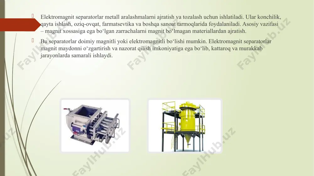 siy elementi bo'lib xizmat qiladi, bu biriktirilgan diagrammada aniq ko'rinadi. amaldagi magnitning dizayni va turi ommaviy materiallarni qayta ishlash tezligi va samaradorligiga sezilarli darajada ta'sir qiladi. quyida ikkita keng tarqalgan variant mavjud: neodimiy: yuqori quvvatga ega bu turdagi magnit xom ashyodan kichik va katta metall zarralarini ajratib oladi. ferrit: ushbu turdagi magnit ishlab chiqaruvchilar uchun qulayroq bo'lsa-da, u birinchi navbatda katta temir qo'shimchalarini ushlaydi. magnitlarni zaif, kuchli va sozlanishi mumkin. birinchi ikkita variant doimiy magnit maydon kuchiga ega, sozlanishi magnit esa muayyan talablarga mos ravishda moslashuvchan sozlash imkonini beradi. ikkita ishlov berish texnologiyasi mavjud: nam va quruq. nam ishlov berish quyma materiallarni aralashmalardan ajratishni osonlashtiradi, garchi u qo'shimcha quritish moslamalari zarurligi sababli oziq-ovqat mahsulotlarini qayta ishlash uchun mos bo'lmasligi mumkin. birgalikda oqim konfiguratsiyasi mahsulotlarni harakatlanayotganda tozalashni bildiradi, qarshi oqim esa materiallar oqimidan tashqarida tozalashni bildiradi. magnit maydon kuchidagi farqlar turli magnit separatorlar magnit maydon kuchida farqlanadi. kuchsiz magnit maydon ajratgichlari …