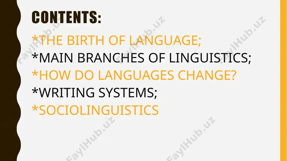 ound change begins in one word and later on in another,etc *interesting: the most used adj in english language is “good’ writing system writing system can be divided into two main types: alphabets-consonants and vowels syllabaries-syllables fact: the longest word in the english language contains 45 latters pneoumonoultramicroscopicsilicovolcanoconiosis! syllabaries alphabets sociolinguistics fact:english is spoken by 952 million people around the world image1.jpg image2.jpg image3.jpg image4.jpg image5.jpg image6.jpg image7.jpg image8.jpg /docprops/thumbnail.jpeg