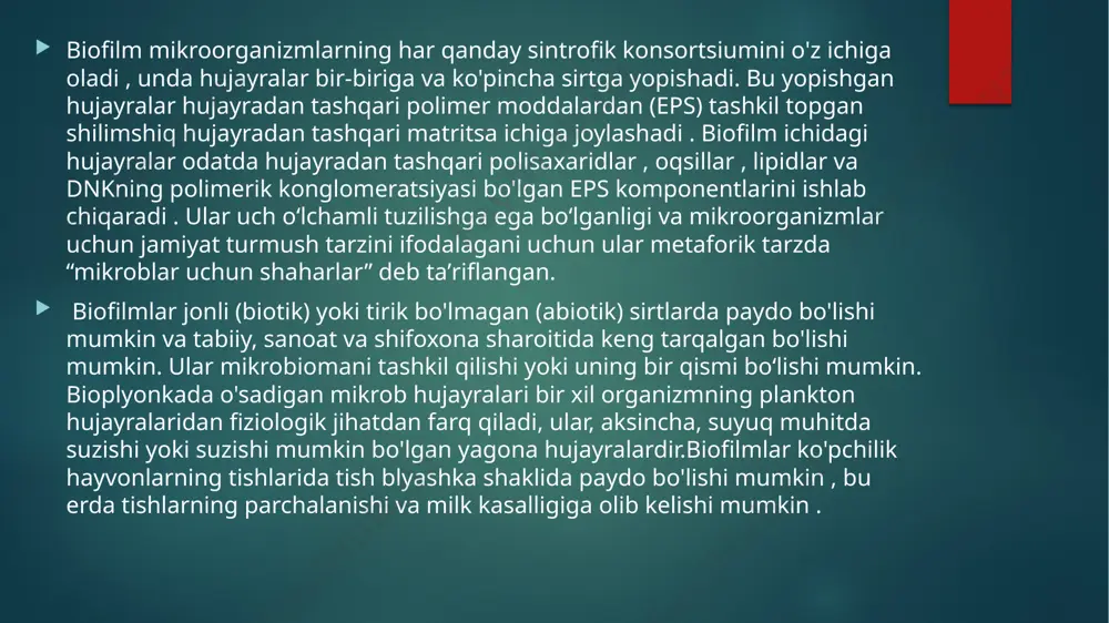 iborat. biofilmning o'sishi mutatsiyalar darajasining oshishi va gorizontal gen o'tkazuvchanligi bilan bog'liq bo'lib , bu qadoqlangan va zich tuzilish tufayli rivojlanadi. biofilmlardagi bakteriyalar virulentlik omillarini ishlab chiqarishda ishtirok etuvchi genlarni faollashtiradigan kvorum sensori orqali aloqa qiladi. biofilm rivojlanishining besh bosqichi (1) boshlang'ich biriktirma, (2) qaytib bo'lmaydigan biriktirma, (3) yetuklik i, (4) yetuklik ii va (5) dispersiya. diagrammadagi rivojlanishning har bir bosqichi rivojlanayotgan p. aeruginosa biofilmining fotomikrografi bilan bog'langan . barcha fotomikrograflar bir xil masshtabda ko'rsatilgan. xususiyatlari biofilmlar odatda suvli eritmaga botgan yoki unga ta'sir qilgan qattiq substratlarda topiladi , lekin ular suyuq yuzalarda, shuningdek, barglar yuzasida, ayniqsa yuqori namlikli iqlim sharoitida suzuvchi paspaslar shaklida shakllanishi mumkin. o'sish uchun etarli resurslarni hisobga olgan holda, biofilm tezda makroskopik (yalang'och ko'z bilan ko'rinadigan) bo'lib o'sadi. biofilmlar turli xil mikroorganizmlarni o'z ichiga olishi mumkin, masalan, bakteriyalar, archaea , protozoa , zamburug'lar va suv o'tlari ; har bir guruh maxsus metabolizmni amalga oshiradifunktsiyalari. biroq, ba'zi …