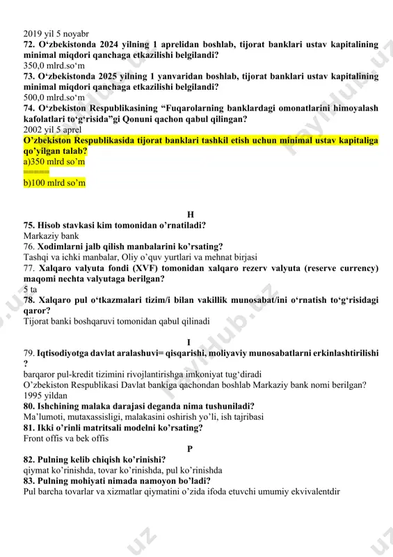 ton markaziy banki haqli emas? moliyaviy yordam ko‘rsatish va tijorat bilan shug‘illanishga 68. o‘zbekiston markaziy bankining yillik hisobotini taqdim etishning so‘nggi muddati qachon? 1 iyun 69. o‘zbekiston respublikasi markaziy banki raisining vakolat muddati necha yil? 5 yil 70. o‘zbekiston tijorat banklari qaysi faoliyat turi bilan shug‘ullanishga haqli emas? sug’urta, savdo, ishlab chiqarish 71. o‘zbekiston respublikasining “banklar va bank faoliyati to‘g‘risida”gi qonun qachon yangi tahrirda qabul qilingan? 2019 yil 5 noyabr 72. o‘zbekistonda 2024 yilning 1 aprelidan boshlab, tijorat banklari ustav kapitalining minimal miqdori qanchaga etkazilishi belgilandi? 350,0 mlrd.so‘m 73. o‘zbekistonda 2025 yilning 1 yanvaridan boshlab, tijorat banklari ustav kapitalining minimal miqdori qanchaga etkazilishi belgilandi? 500,0 mlrd.so‘m 74. o‘zbekiston respublikasining “fuqarolarning banklardagi omonatlarini himoyalash kafolatlari to‘g‘risida”gi qonuni qachon qabul qilingan? 2002 yil 5 aprel o’zbekiston respublikasida tijorat banklari tashkil etish uchun minimal ustav kapitaliga qo’yilgan talab? a)350 mlrd so’m ===== b)100 mlrd so’m h 75. hisob stavkasi kim tomonidan o’rnatiladi? markaziy …